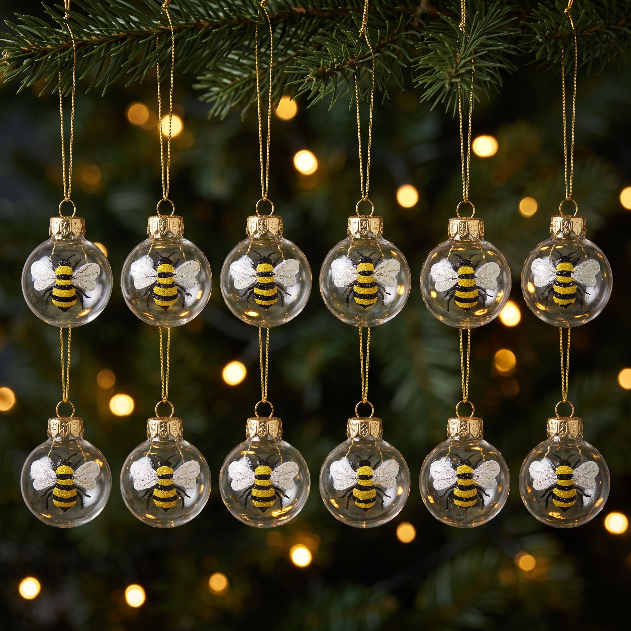 12 Mini Bee Baubles by Sass & Belle in a Christmas tree in warm light