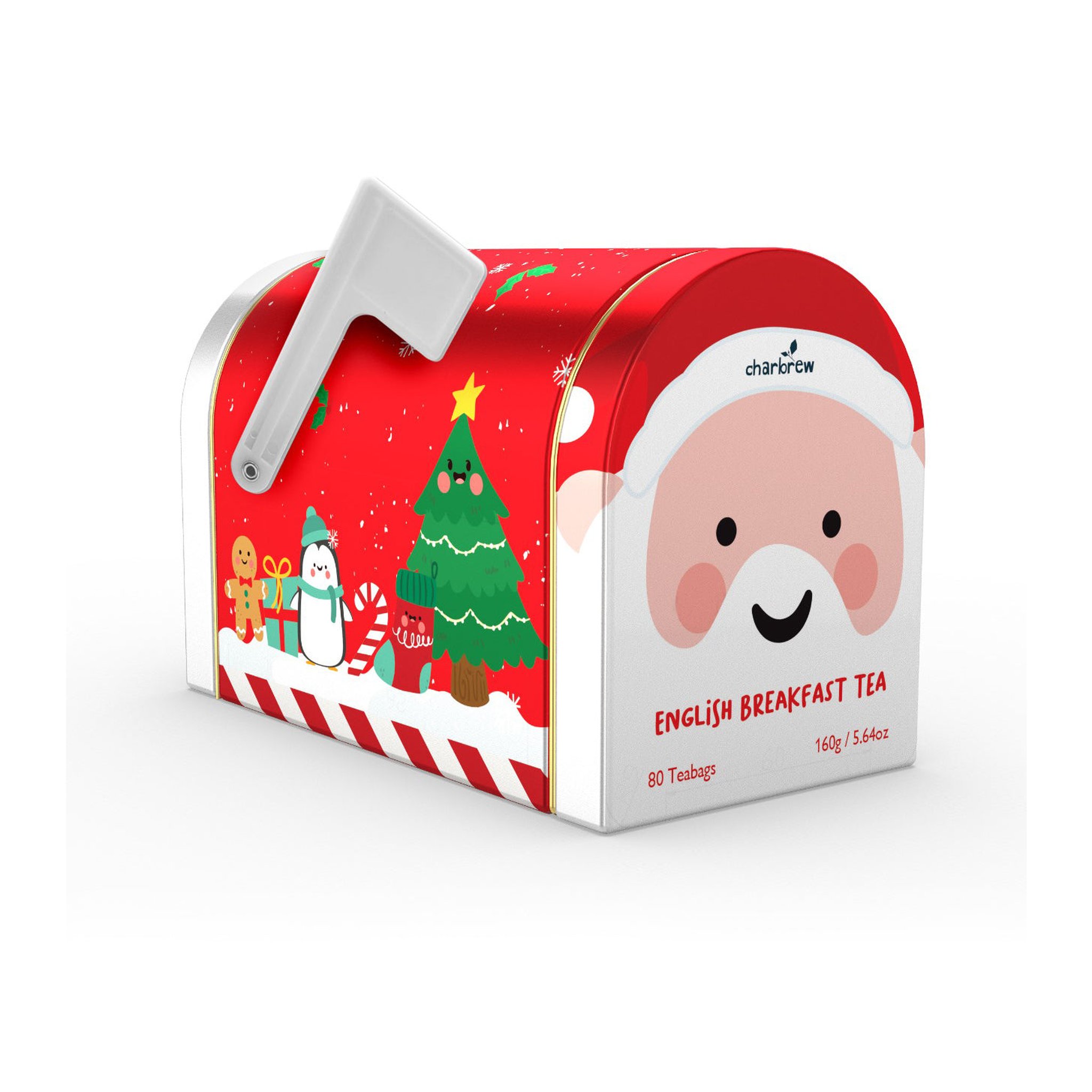 Postbox tea tin with Santa face and flag, English Breakfast tea