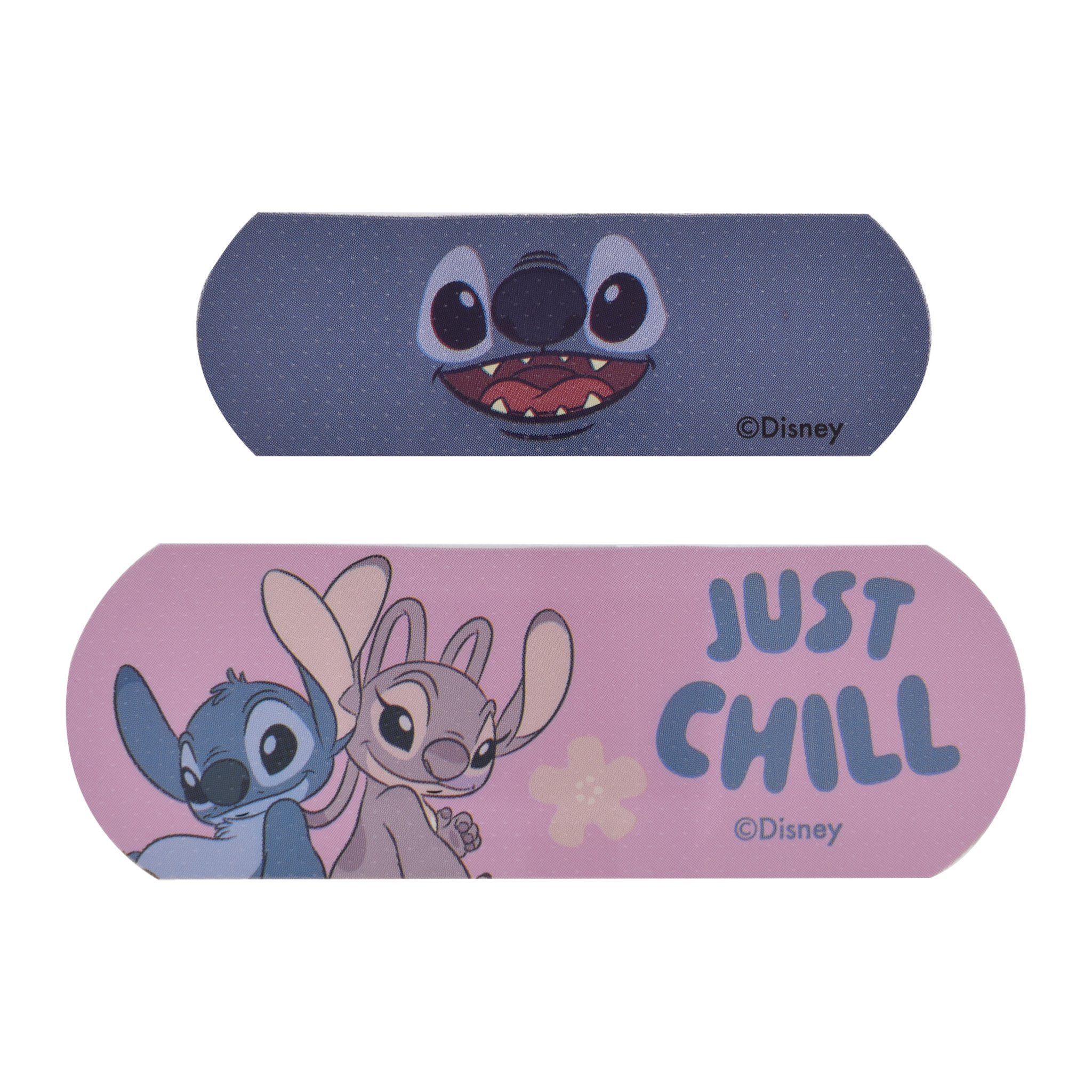 Two plasters compared: small blue one with Stitch's face and large pink one with Angel