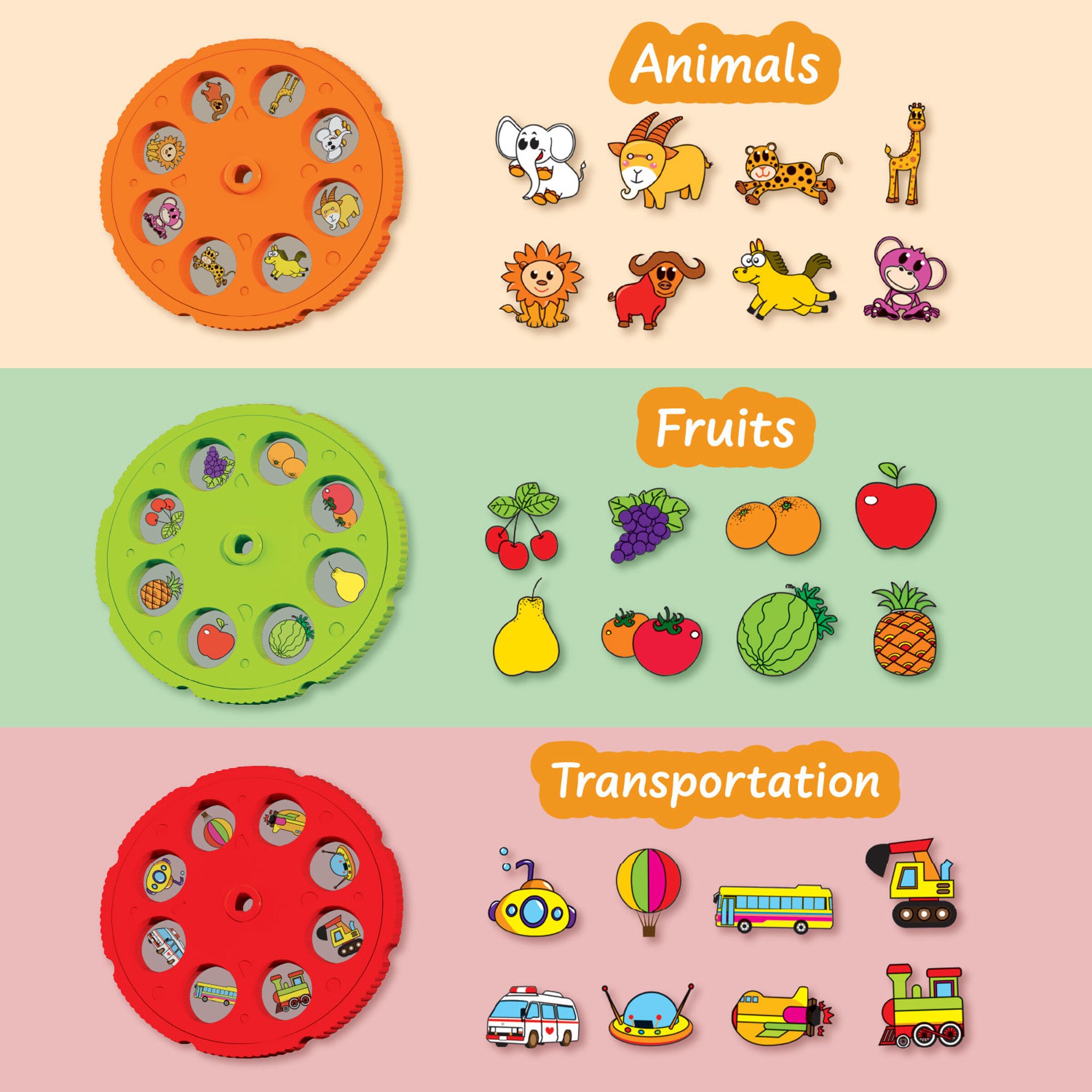 Projector discs with animal, fruit and vehicle motifs