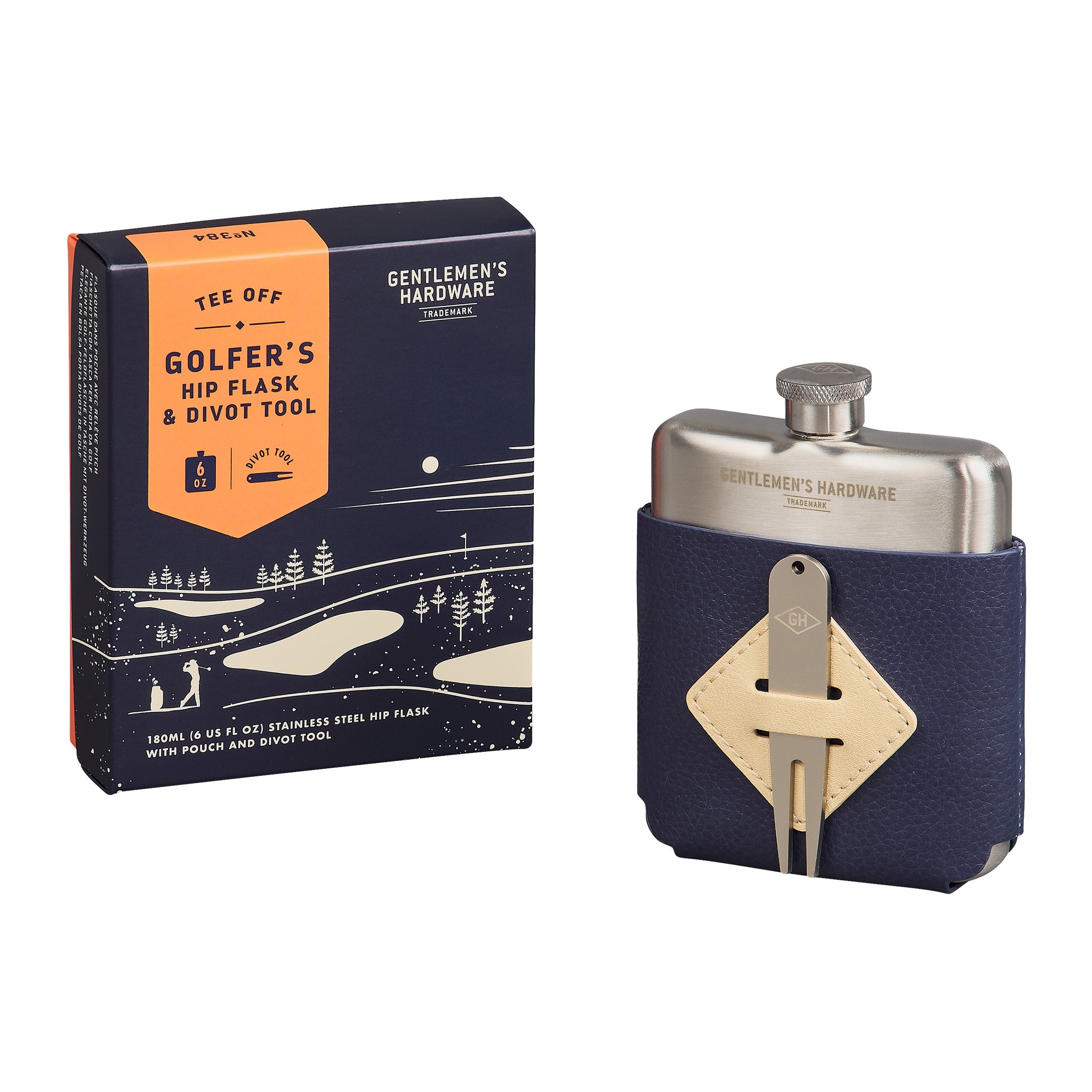 Angled view of the Golfer’s Hip Flask & Divot Tool Set: box with orange banner next to the flask in its blue pouch