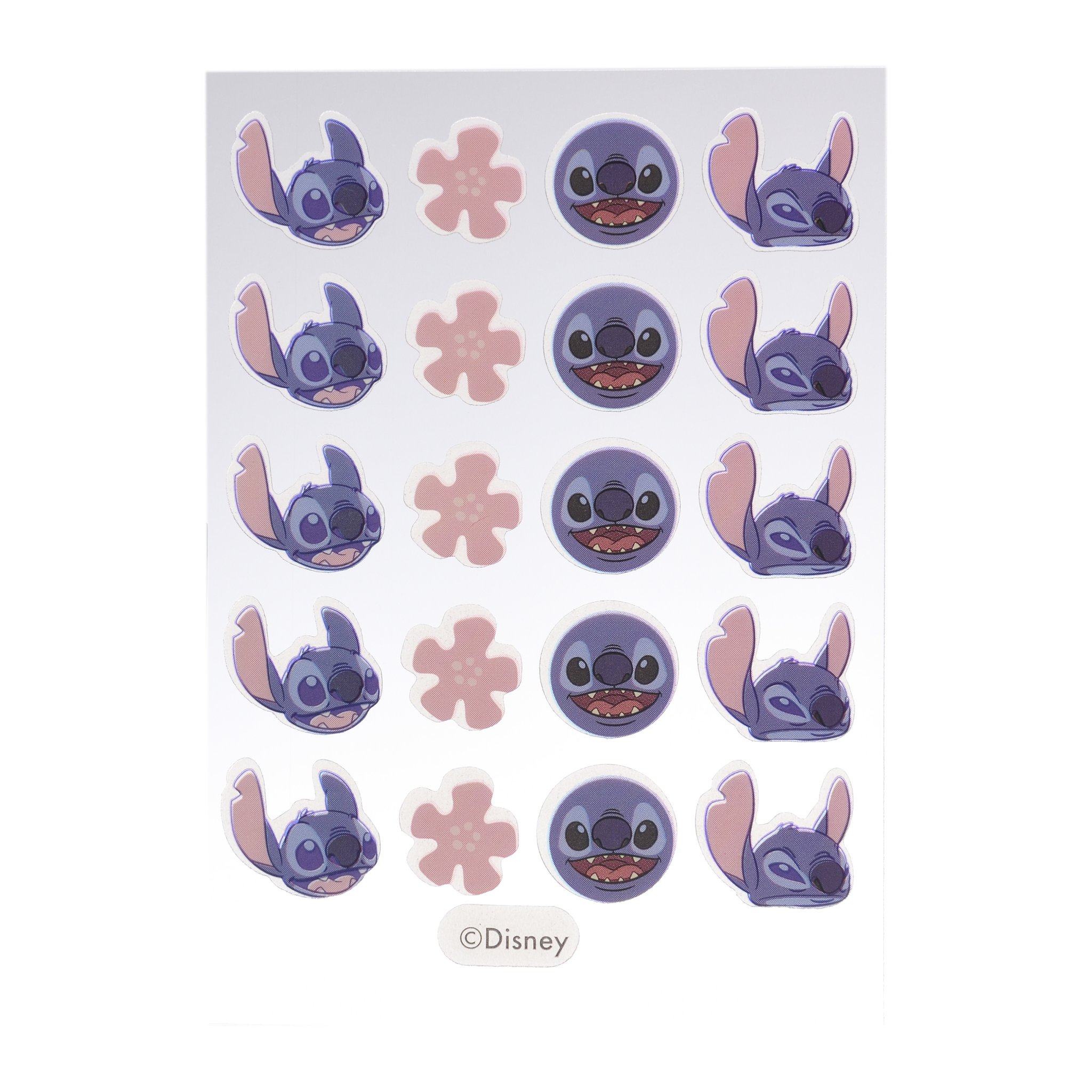 Sheet of 20 patches in four designs: two Stitch heads, a pink flower and a round Stitch face