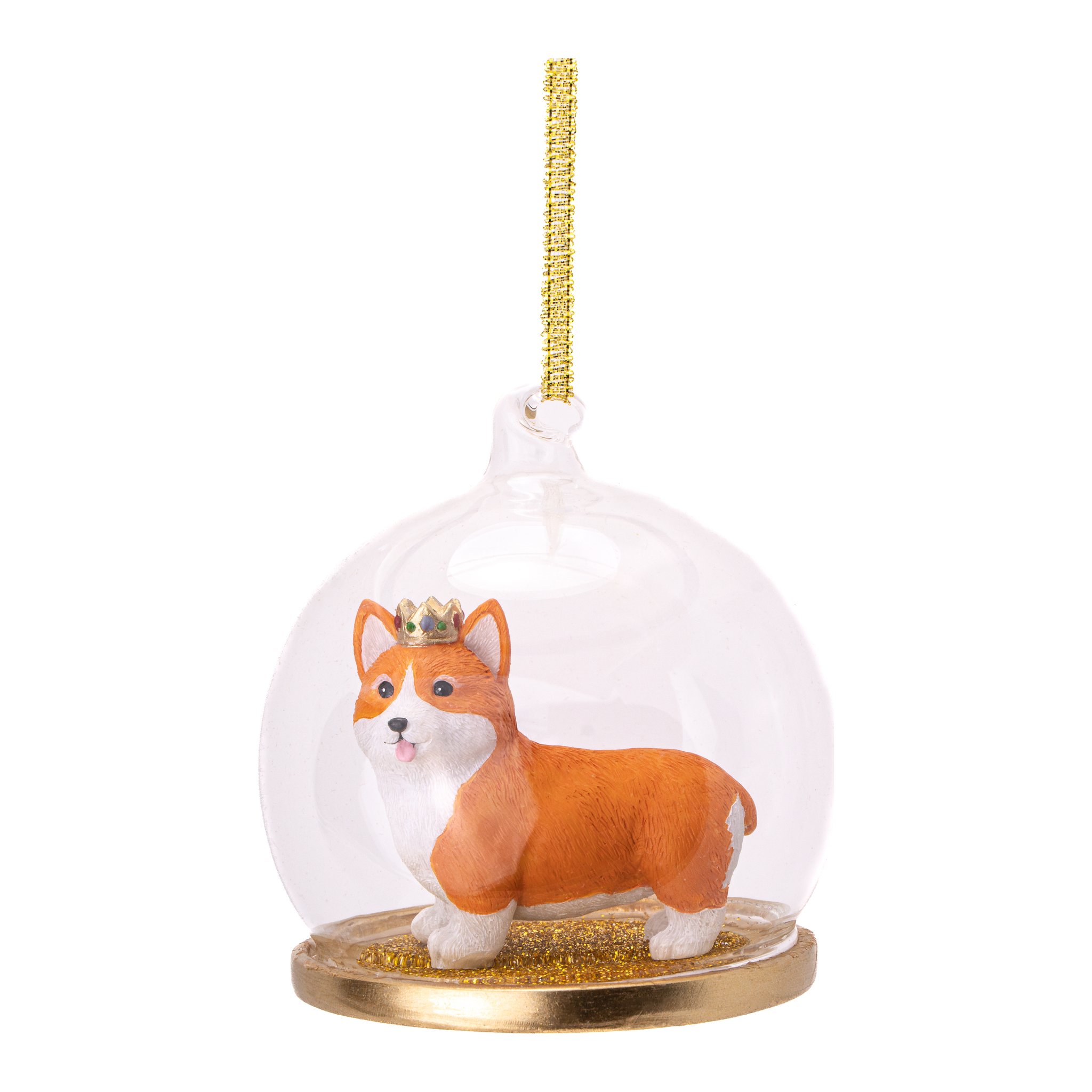 Boule de Noël corgi Sass & Belle, dôme en verre avec corgi couronné sur socle doré, détourée