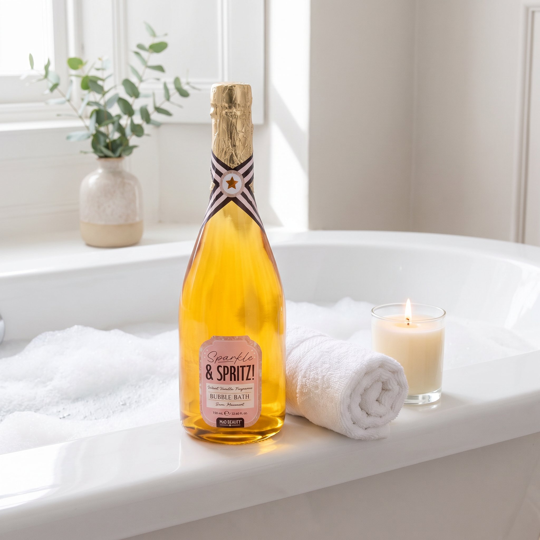 Vanilla bubble bath in its fizz bottle on the bathtub rim next to a towel and a candle, towering over both