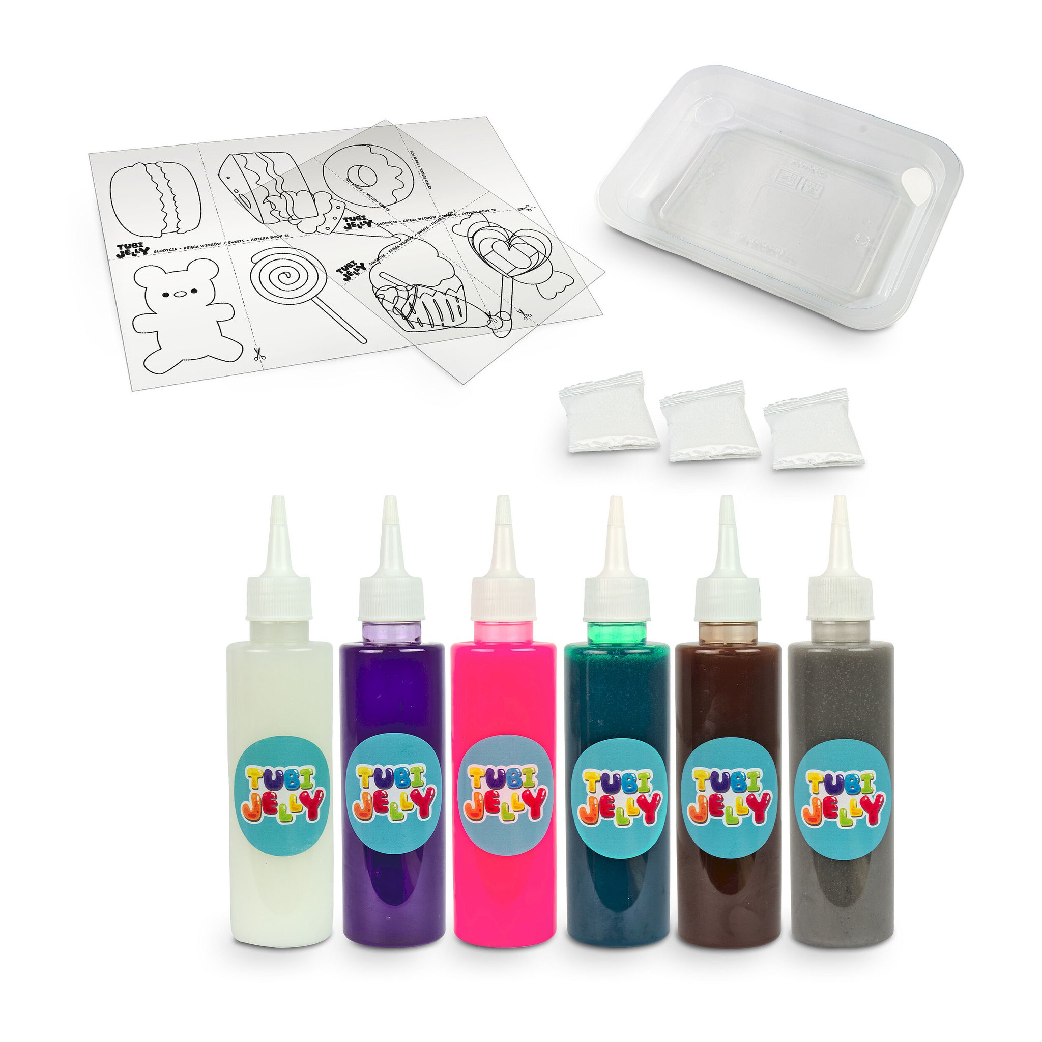 Inhalt des Tubi Jelly Sets: sechs Gel-Tuben, Vorlagen mit Süssigkeiten-Motiven, Schale und Aktivator