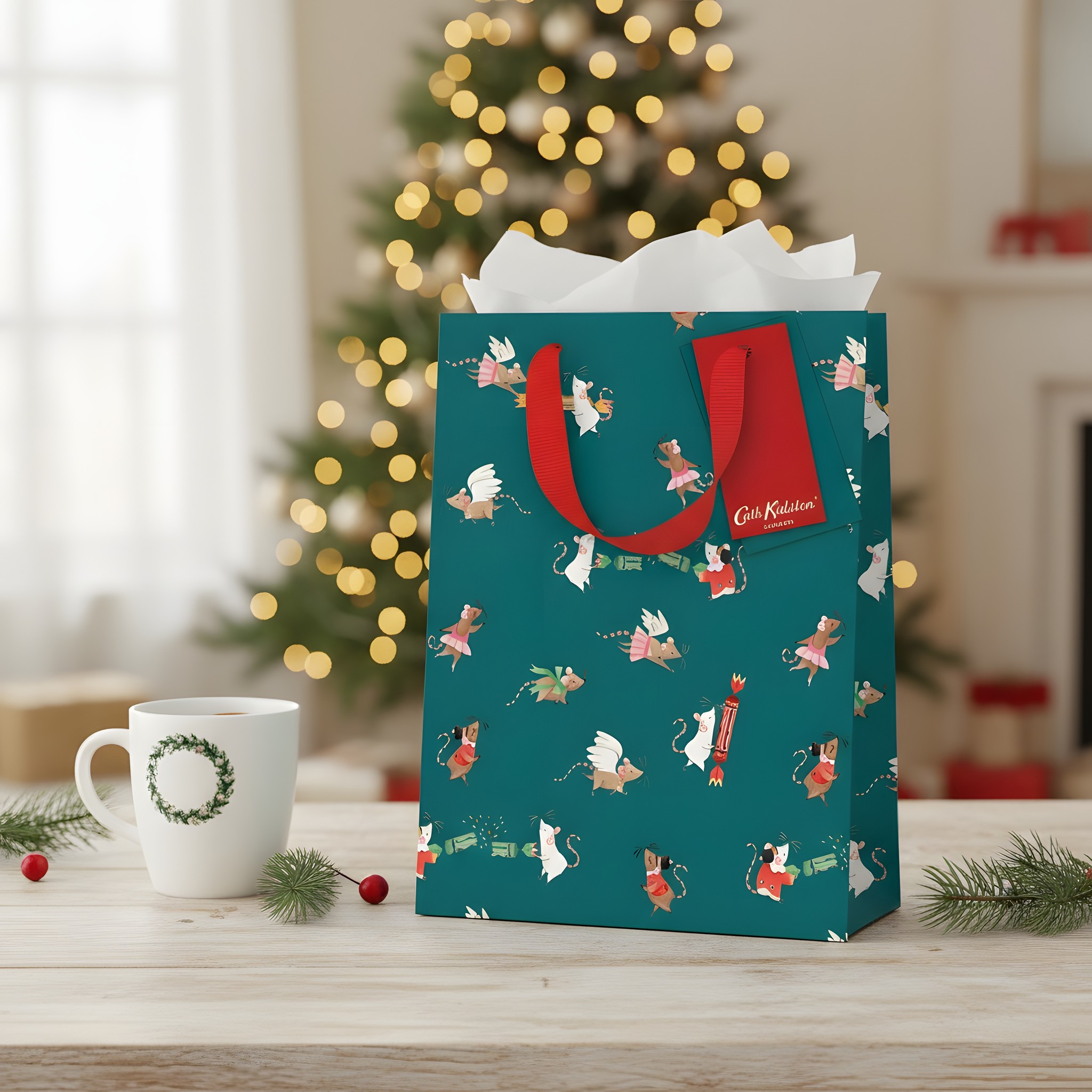Busta regalo media Cath Kidston con topolini schiaccianoci di Ohh Deer con carta velina e tazza davanti a un albero di Natale con luci