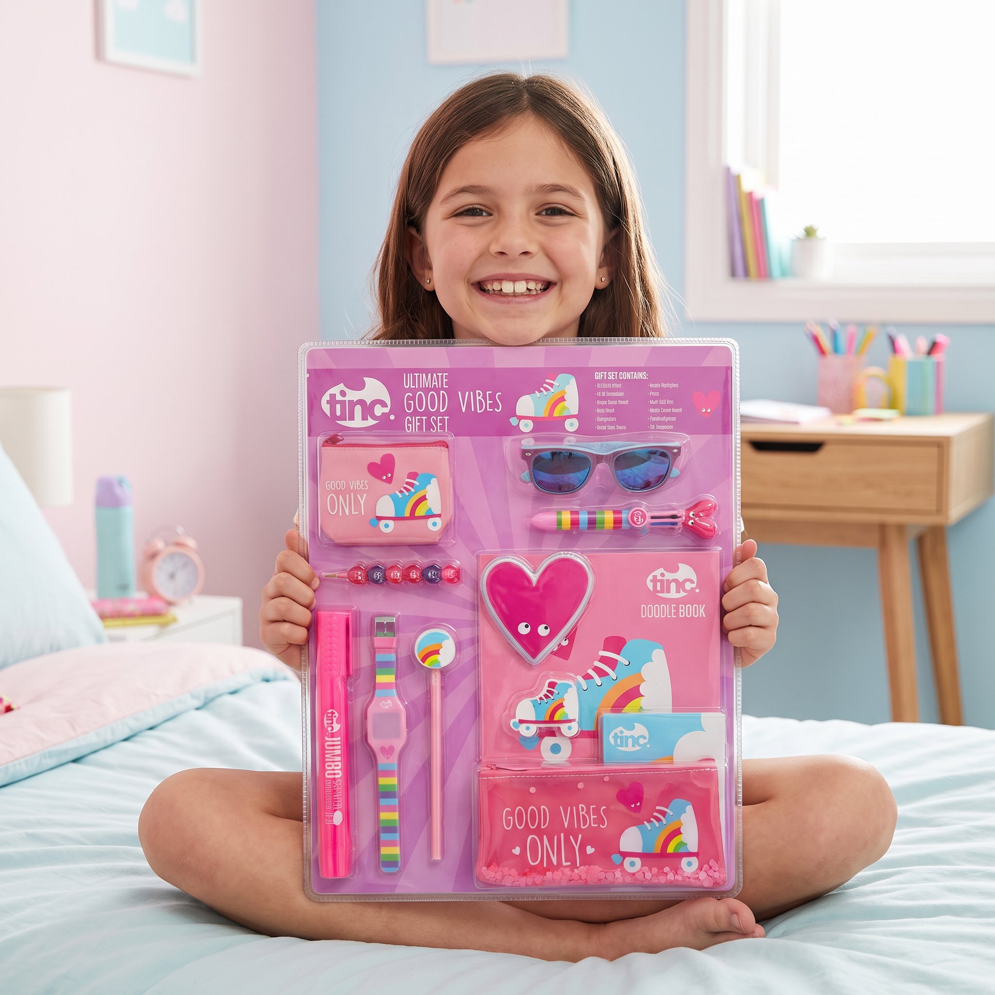 Good Vibes Geschenkset im Kinderzimmer, die Blisterkarte verdeckt den ganzen Oberkörper des Mädchens
