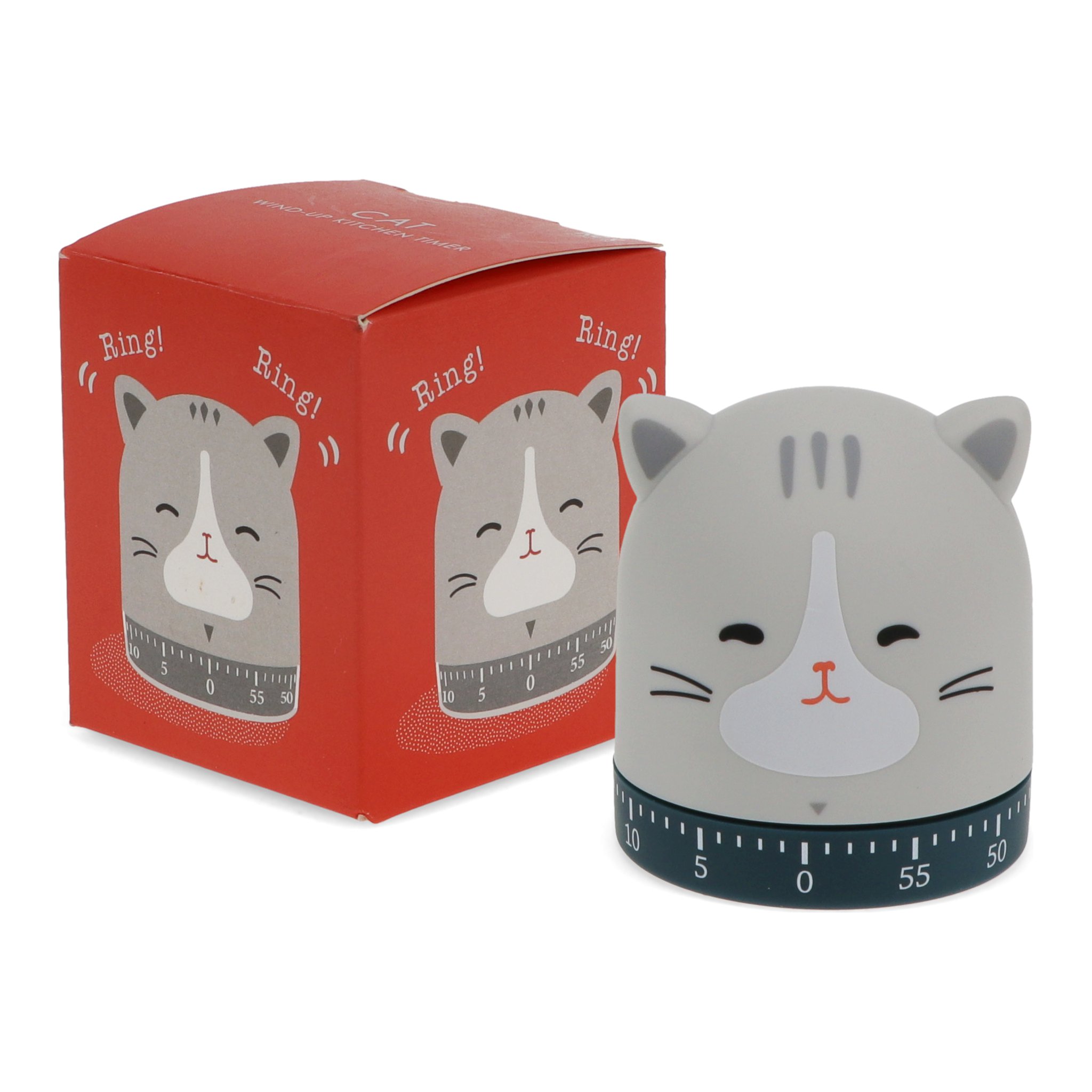 Die graue Küchenuhr Katze mit Minutenskala neben der roten Verpackung