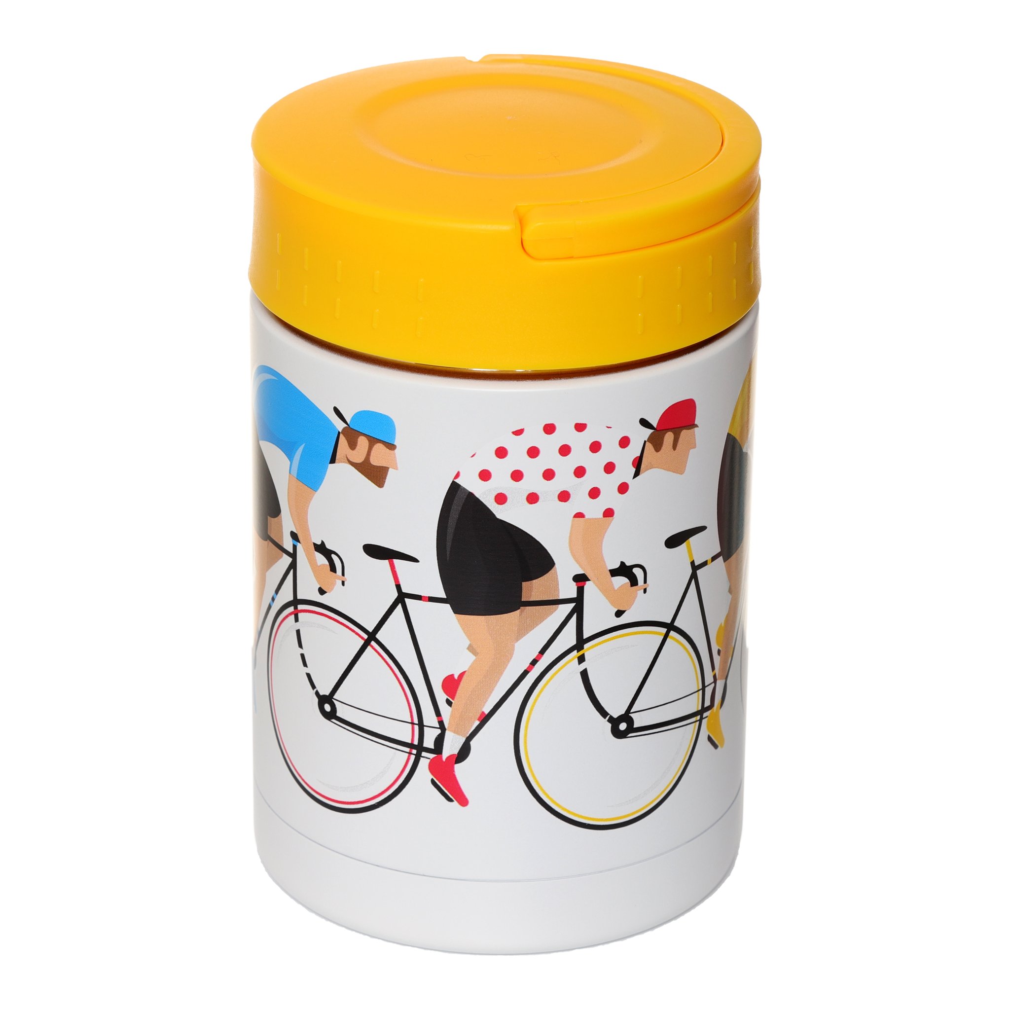 Recipient isotherme au motif cyclistes rouge et bleu