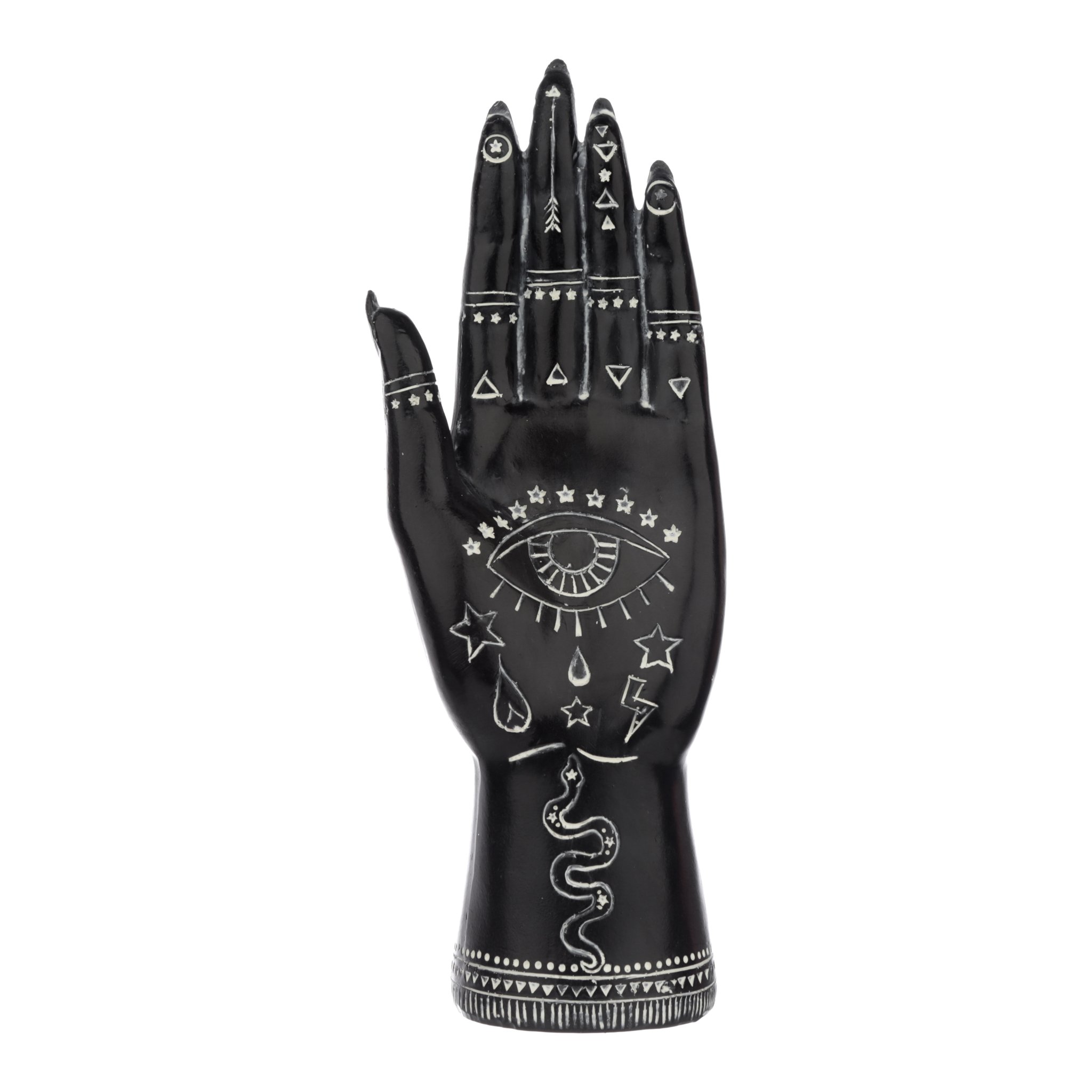 Black palmistry hand with silver palm-reading symbols, front view