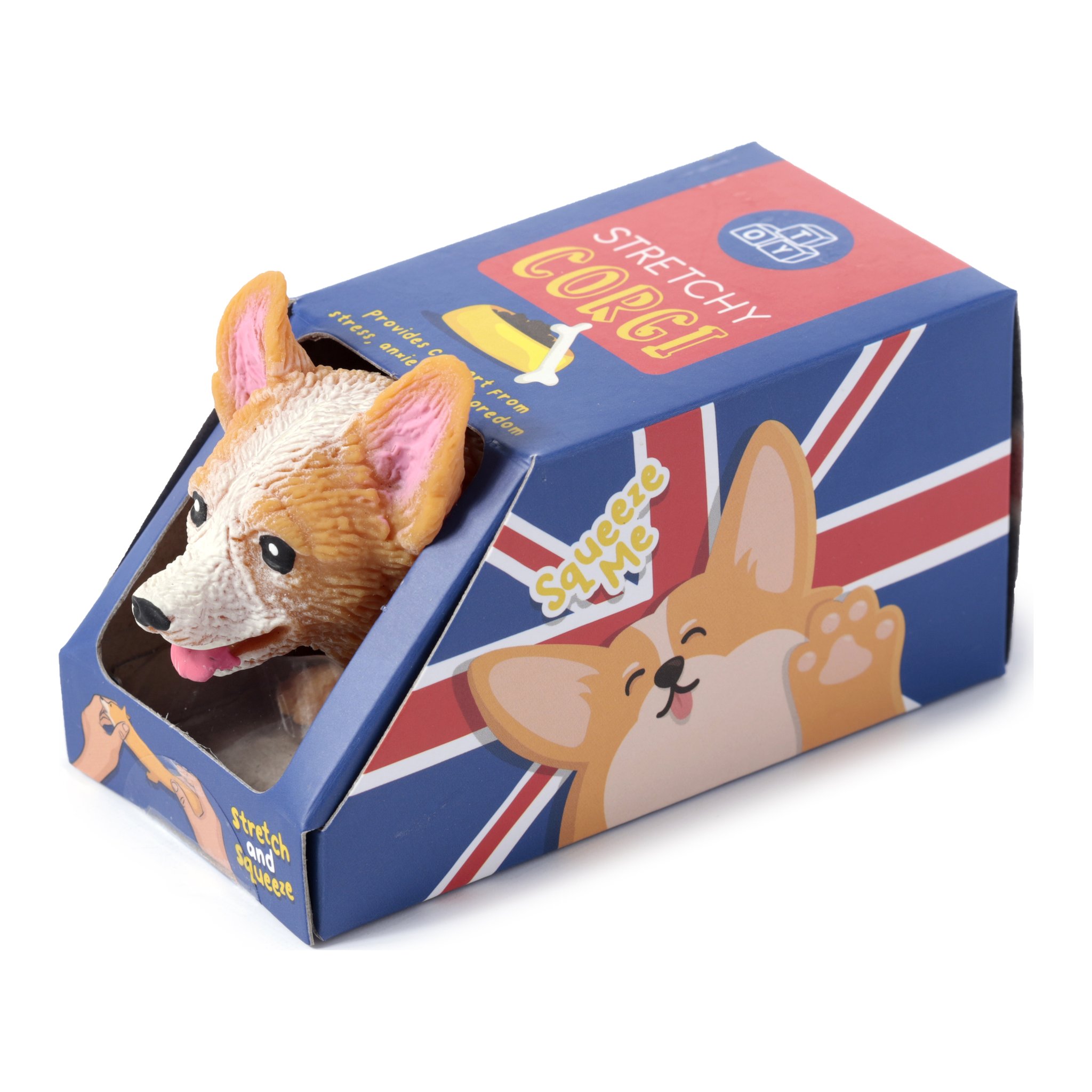 Corgi-Stressball in der Geschenkschachtel mit Union-Jack-Motiv