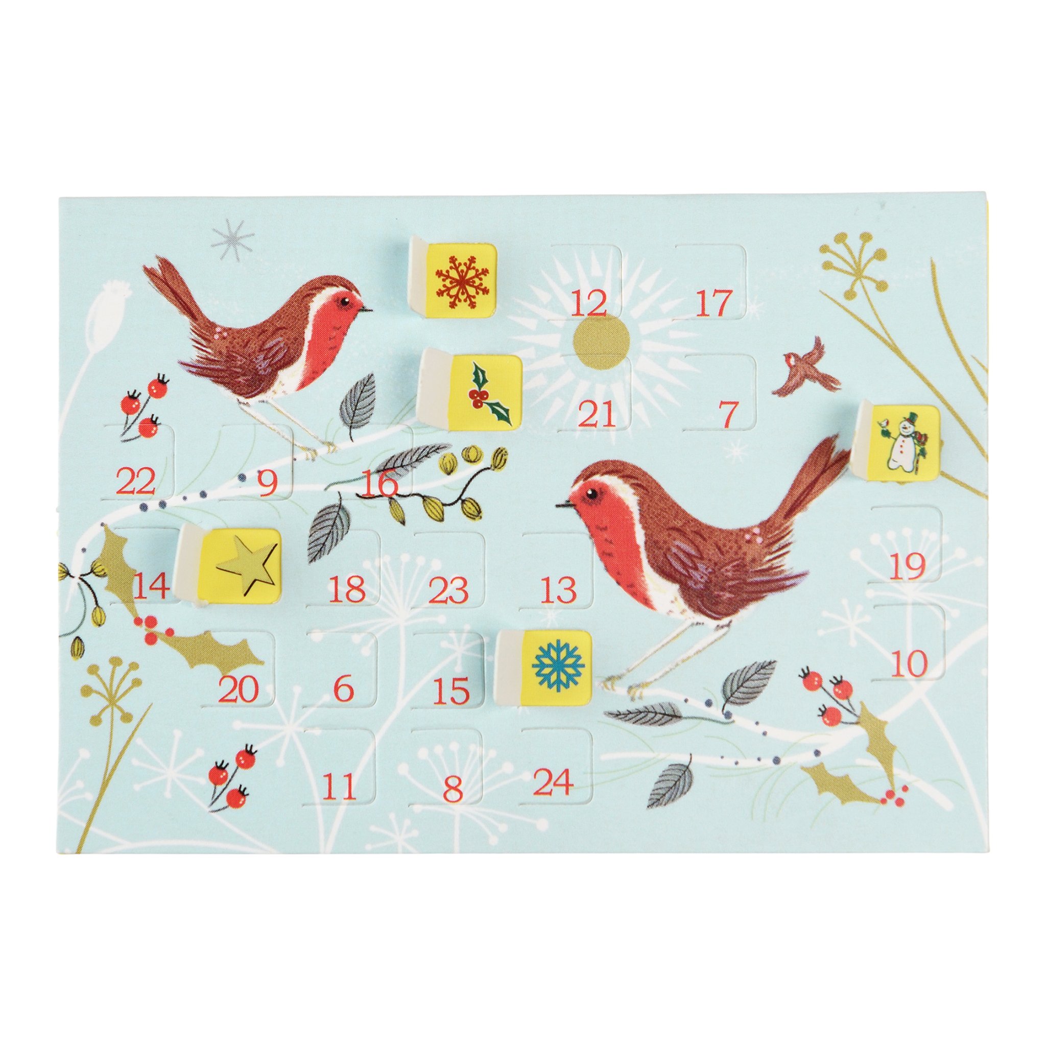 Rotkehlchen-Karte mit geöffneten Türchen und sichtbaren Weihnachtsmotiven
