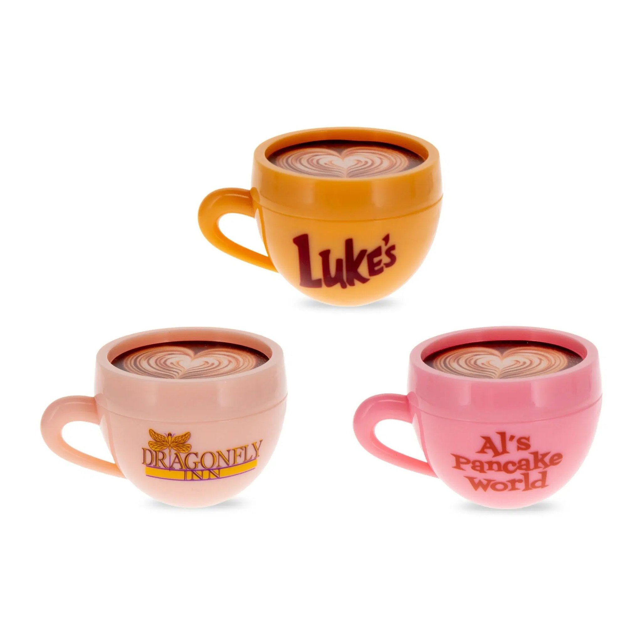 Die drei Lippenbalsam-Döschen in Kaffeetassen-Form mit Latte-Art-Deckel