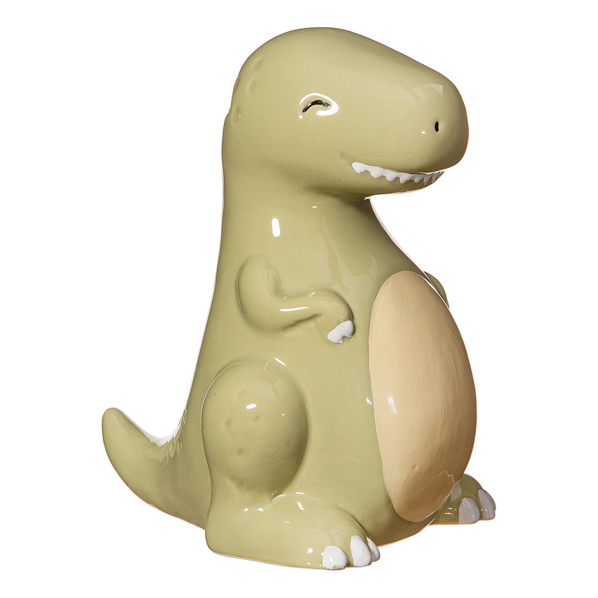 Sass & Belle T-Rex money box – left side view with beige belly accent