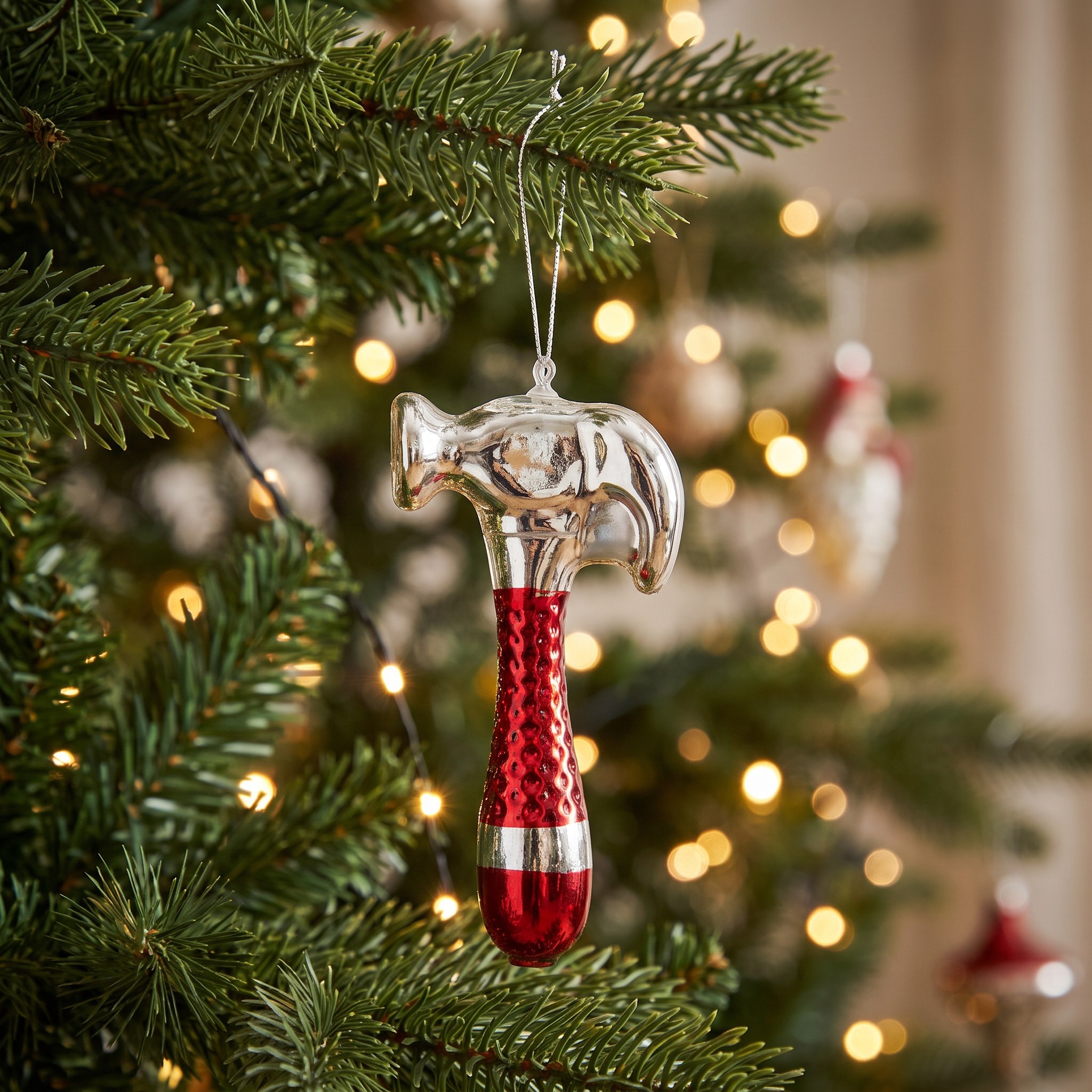 Hammer-Anhänger aus Glas mit rotem Griff am beleuchteten Weihnachtsbaum