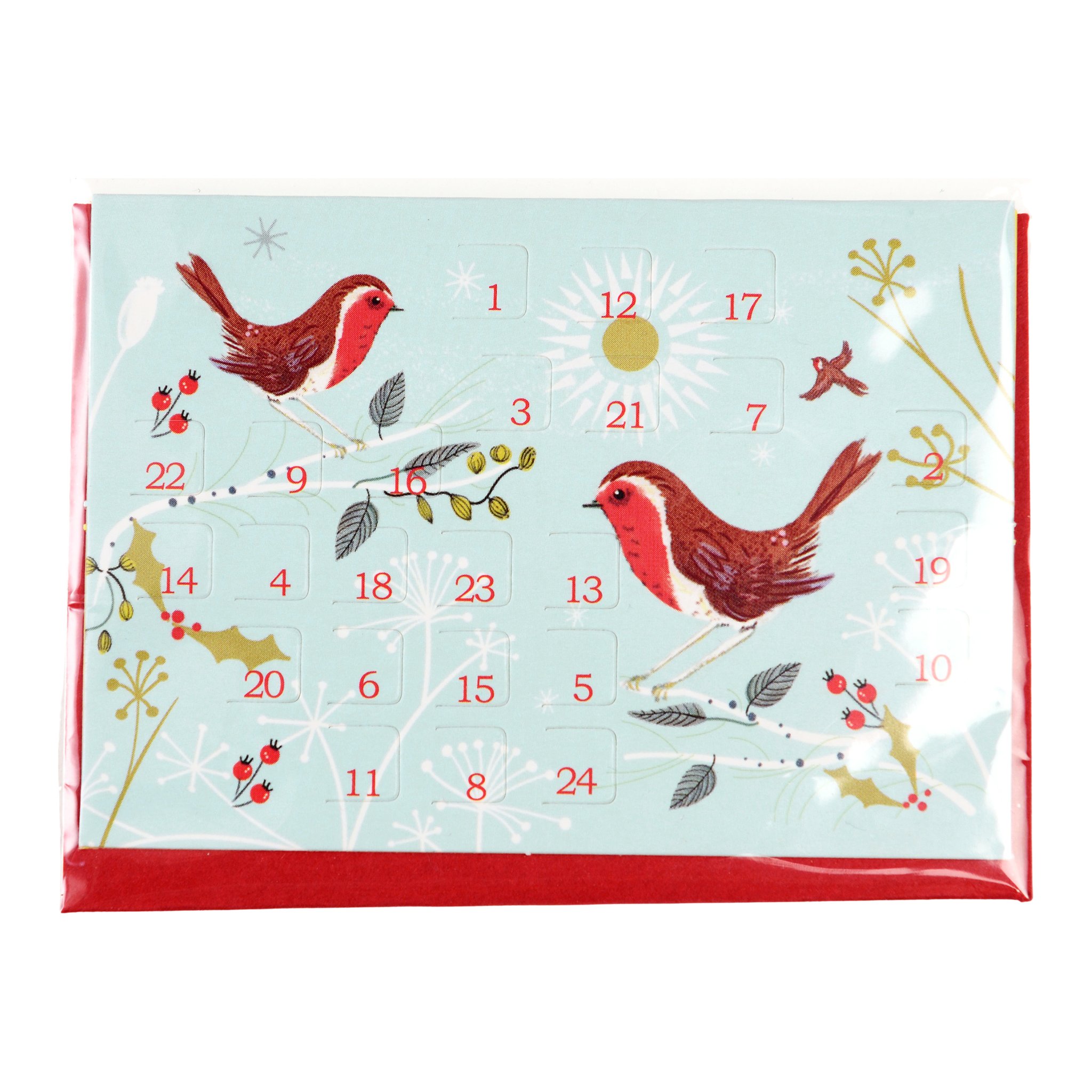 Weihnachtskarten-Adventskalender Rotkehlchen mit rotem Couvert