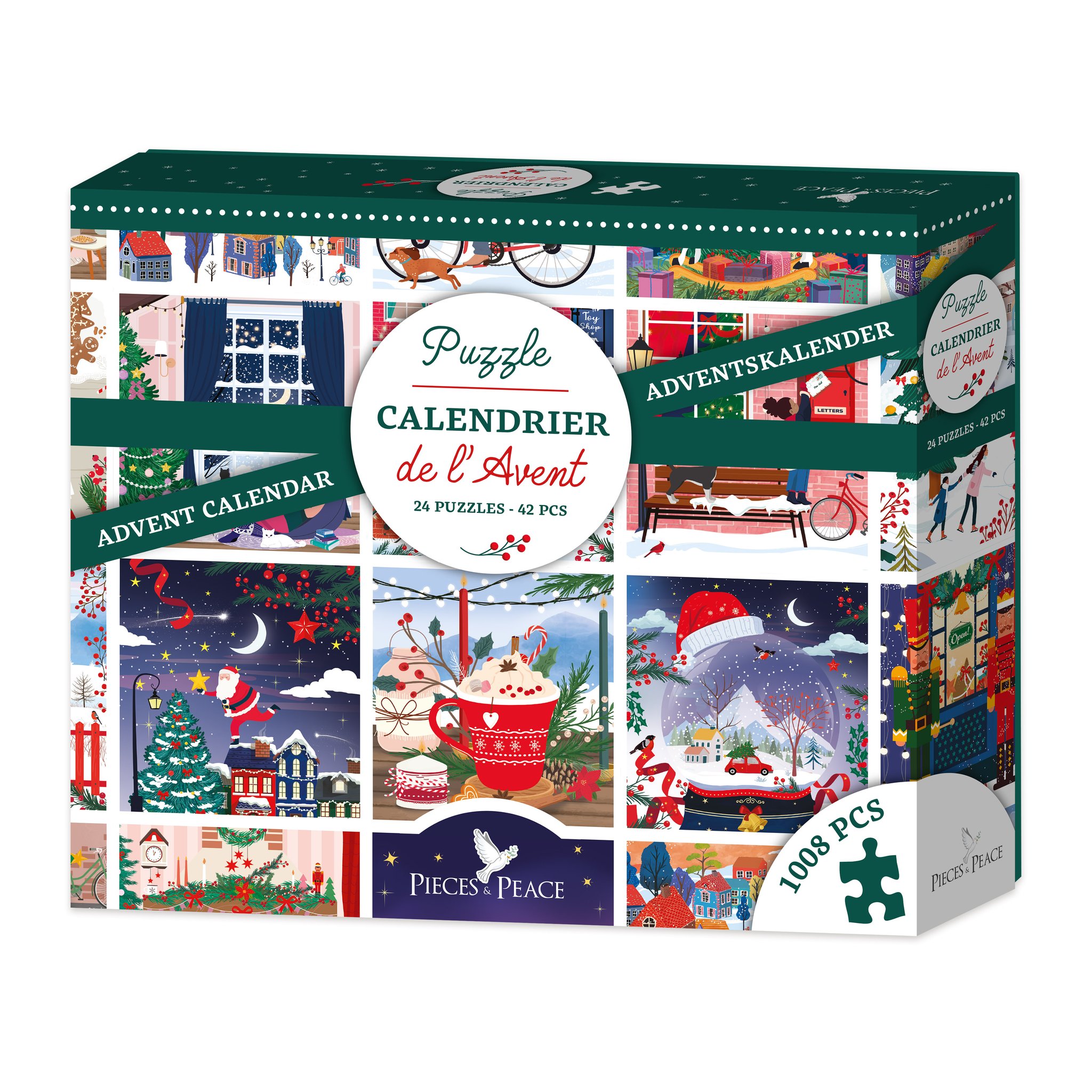 Boîte du calendrier de l'Avent puzzle Pieces & Peace avec un collage de scènes d'hiver