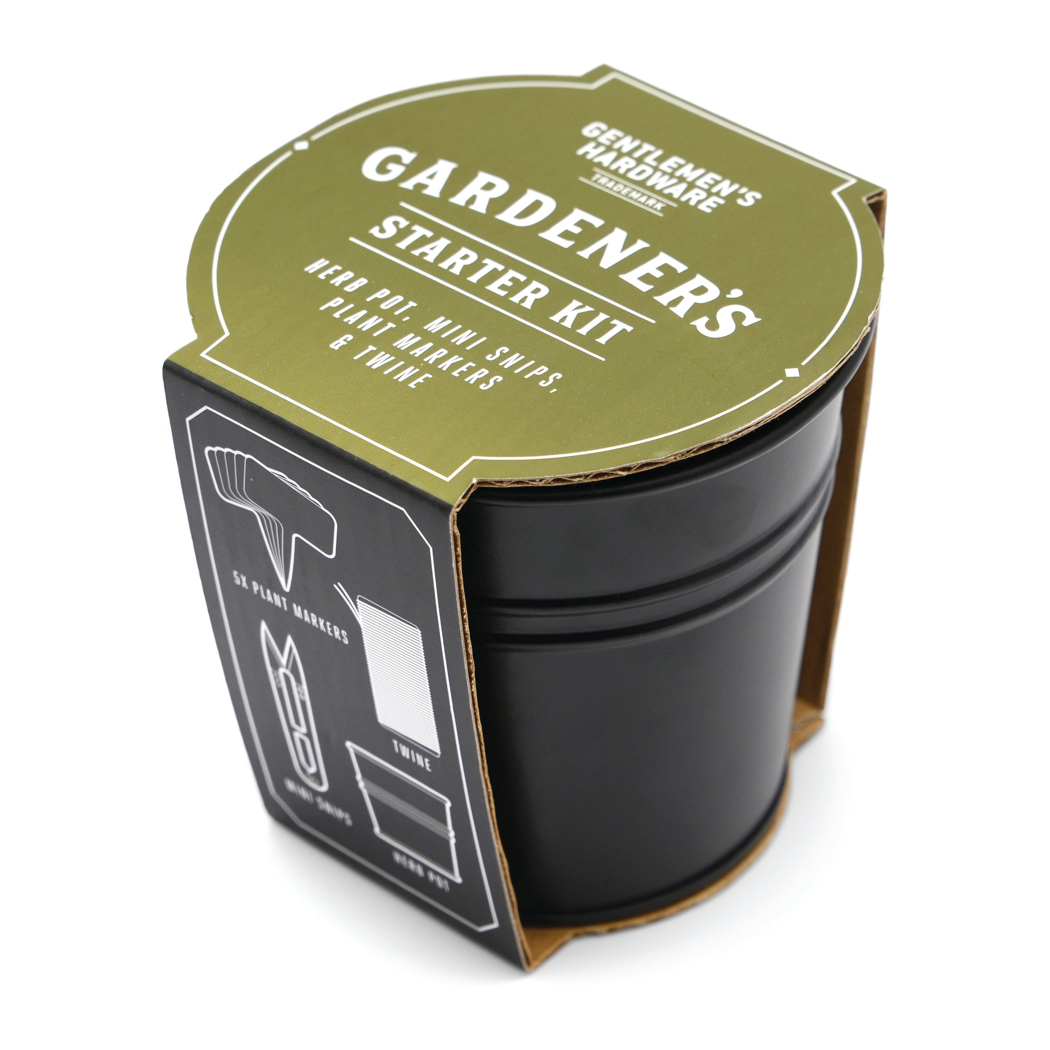 Emballage du kit de démarrage pour jardinier avec étiquette vert olive, pot noir et dessins du contenu sur le côté