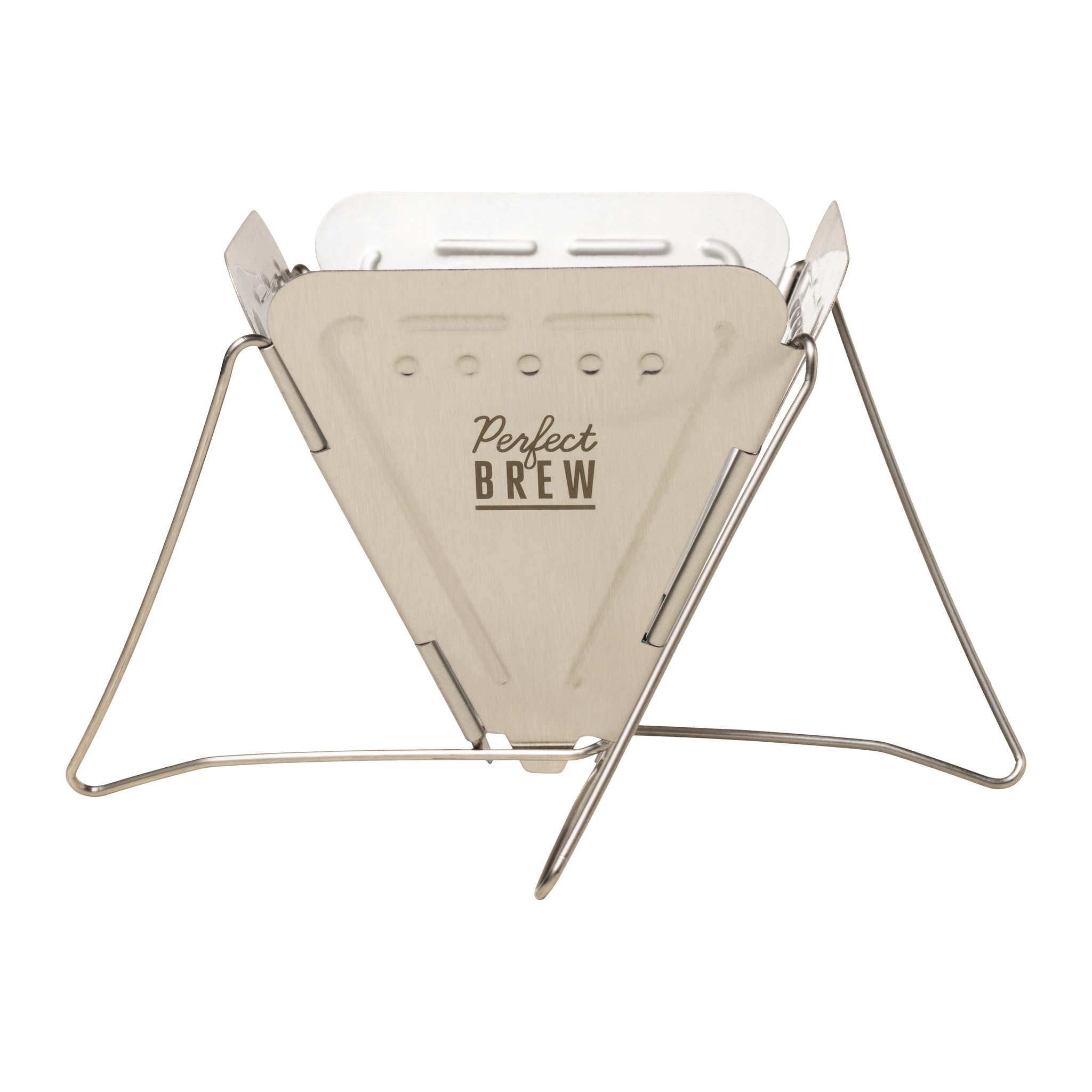 Gocciolatore per caffè portatile sul suo supporto in filo metallico, con la scritta Perfect Brew sul fronte