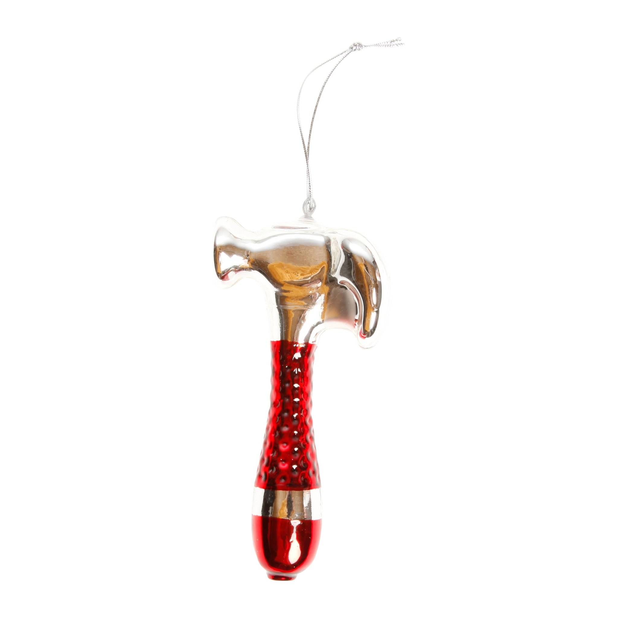 Christbaumschmuck Hammer aus Glas mit silbernem Kopf und rotem Griff