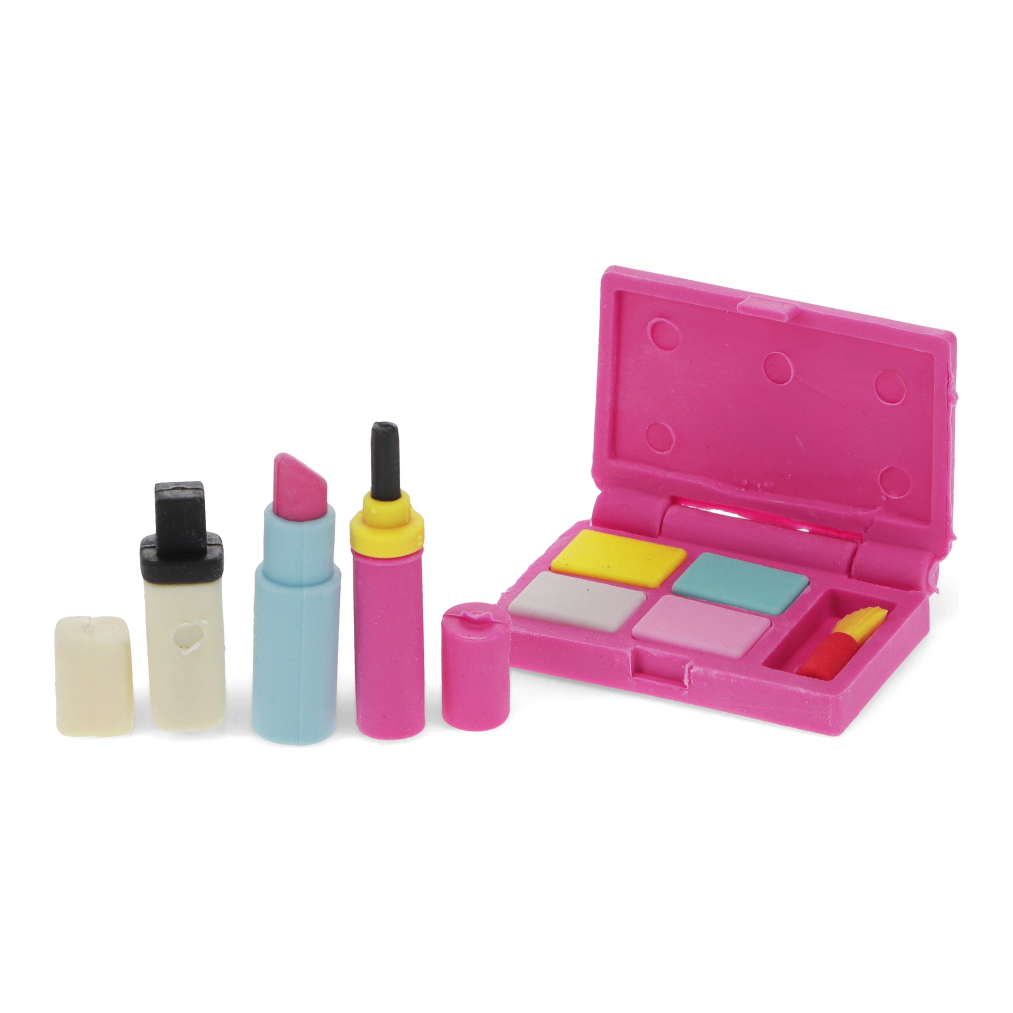 Das Makeup Radiergummi-Set freigestellt: pinke Lidschatten-Palette, zwei Lippenstifte, Mascara und Puder