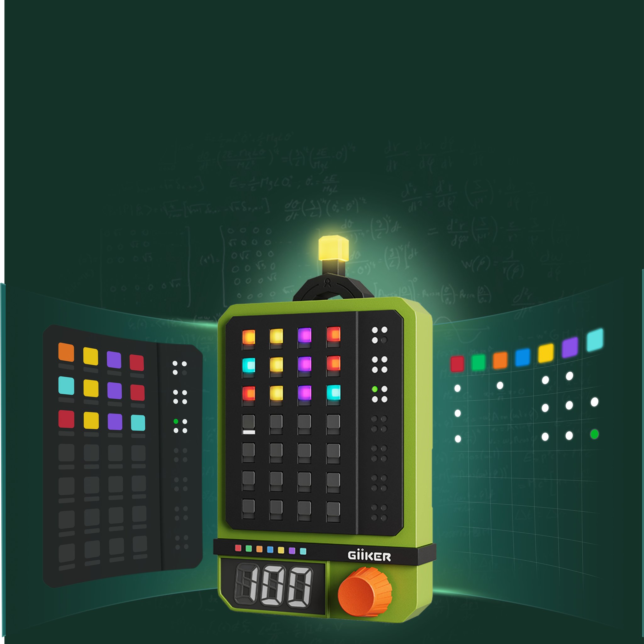 Super Decoder with opened code panels and score display, moody scene on a dark green background.