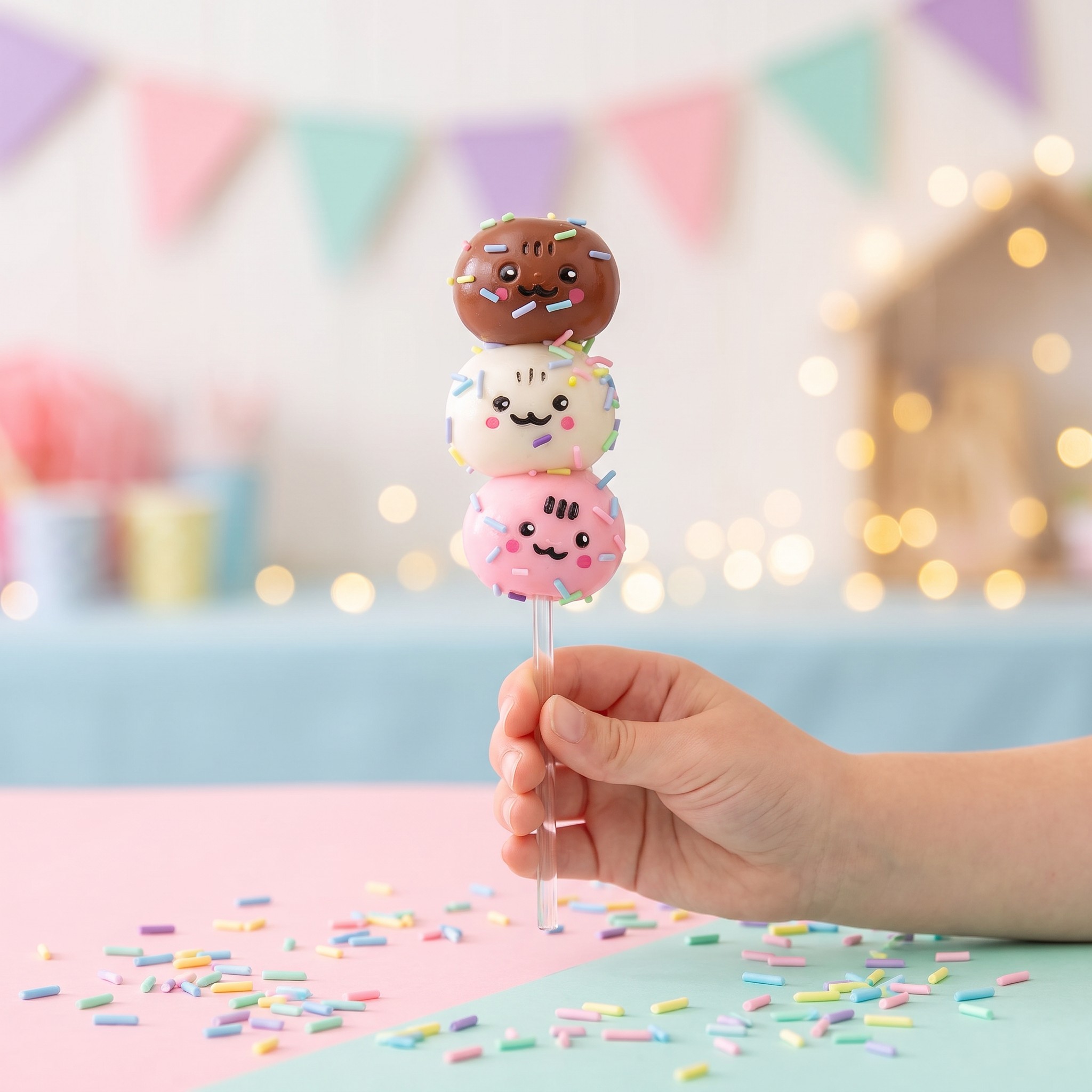 Mano di bambino che tiene il Cake Pop squishy appiccicoso con palline squishy marrone, bianca e rosa e imitazioni di codette colorate