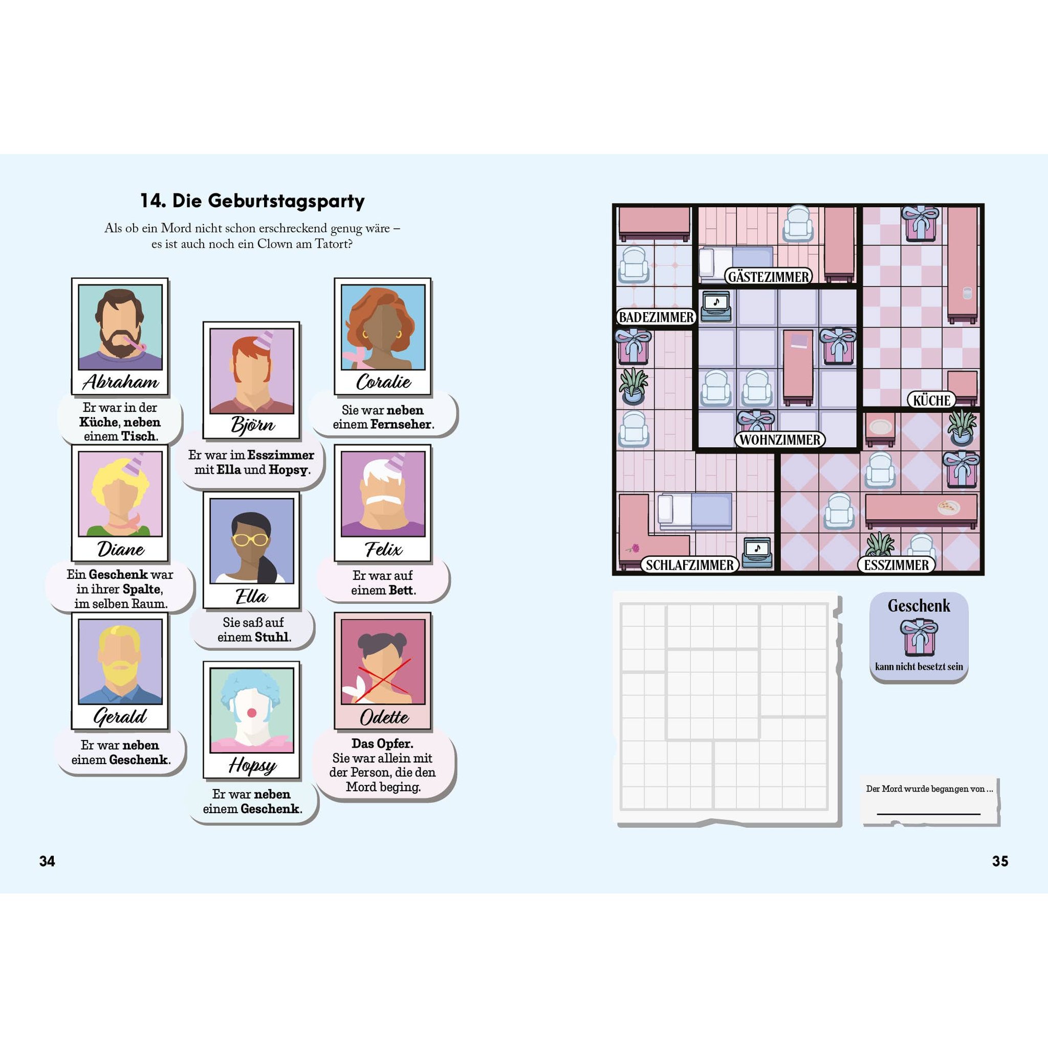 Double page from Murdoku with case 14 at a birthday party, suspect cards and a floor plan with presents