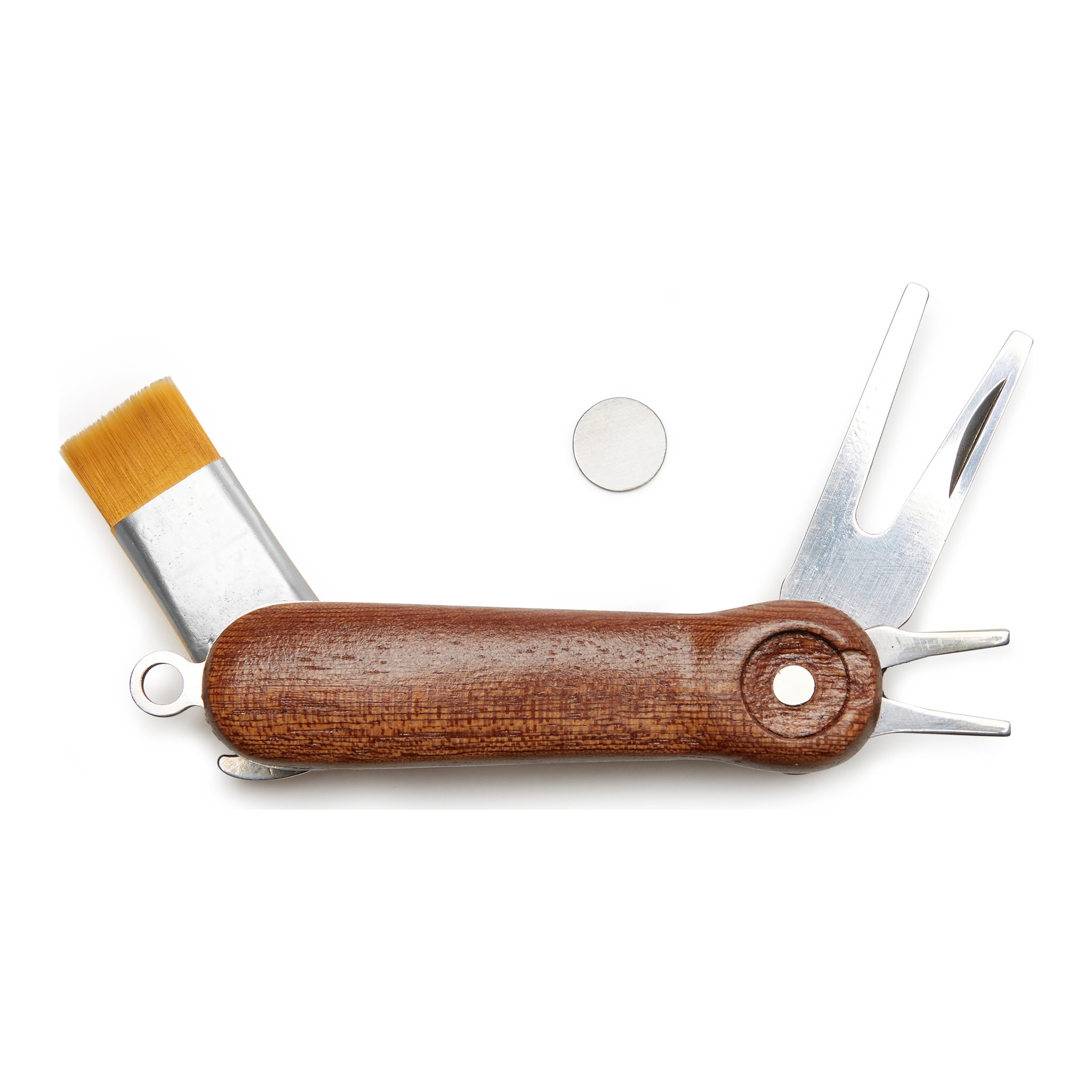 Golfwerkzeug aufgeklappt mit Pitchgabel, Bürste und Ballmarker