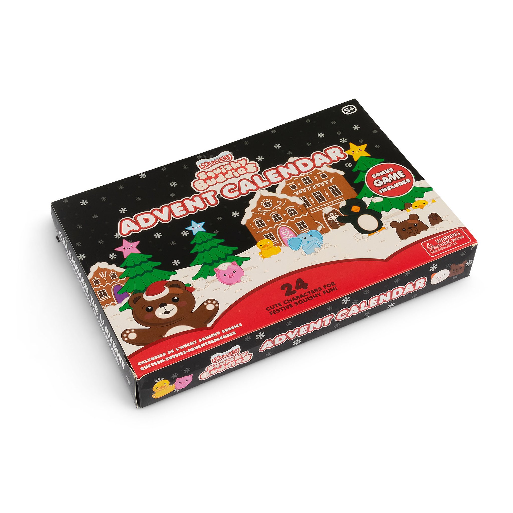 Verpackung des Adventskalenders von schräg vorne, flache Schachtel im Weihnachtsdesign