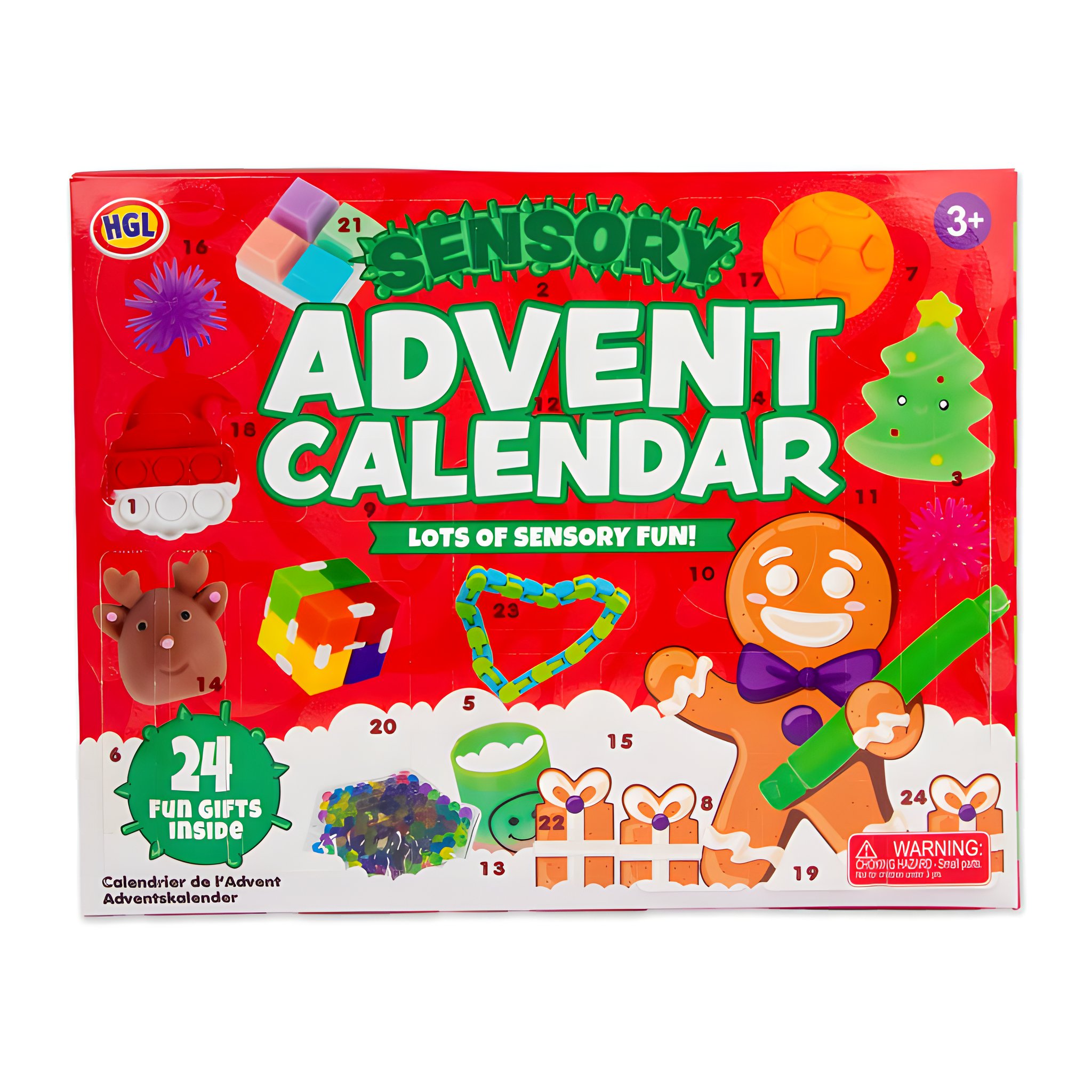 Fronte del calendario dell'Avvento sensoriale con omino di pan di zenzero, albero e 24 finestrelle