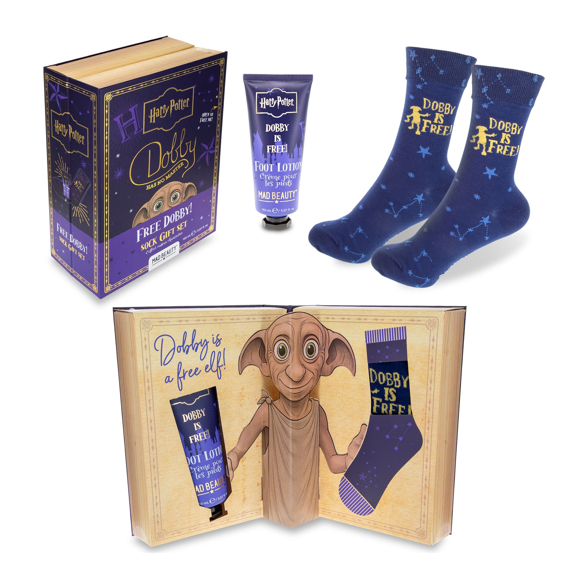 Inhalt des Dobby-Sets: Fusscreme, Socken und aufgeklappte Verpackung mit 3D-Dobby