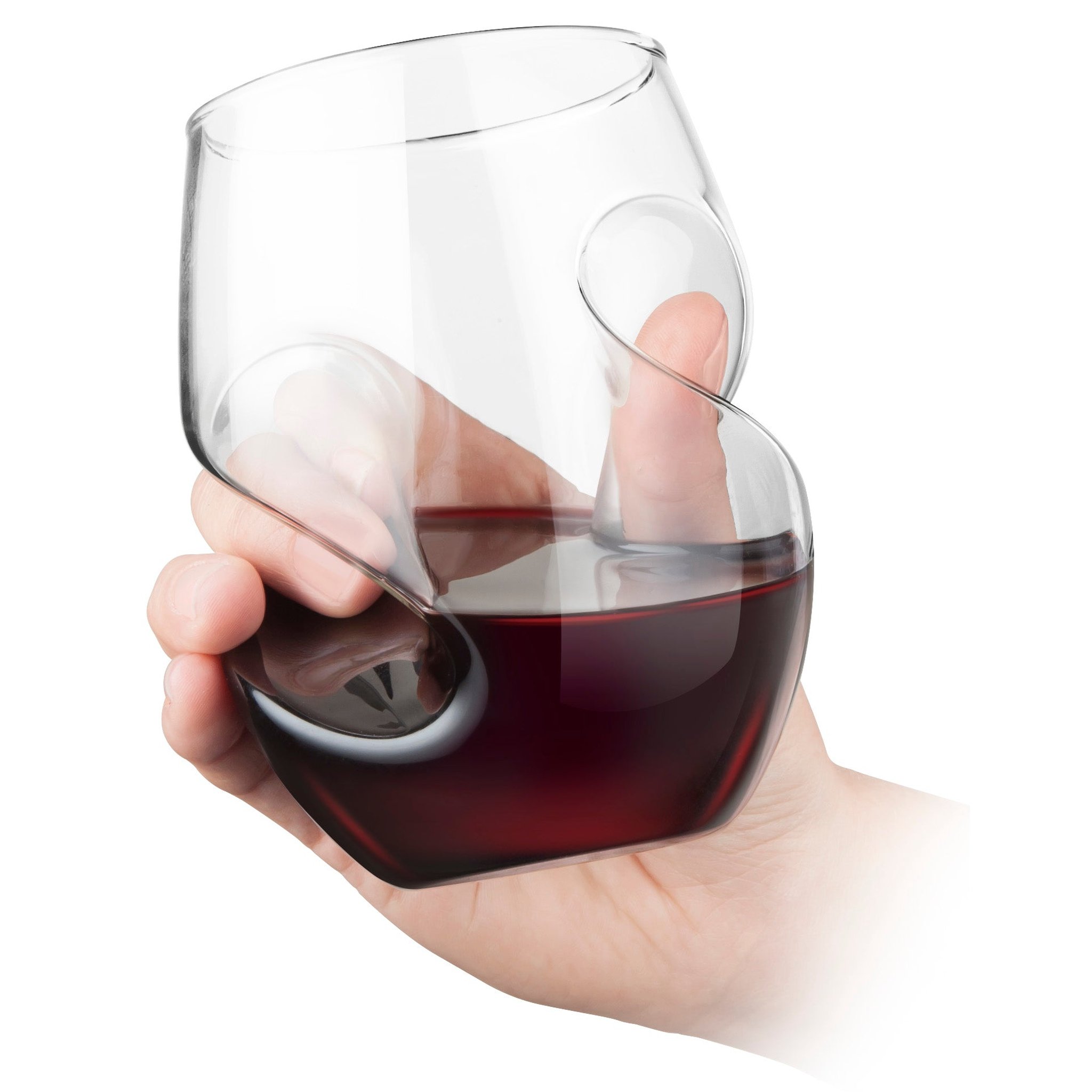 Conundrum Red Wine Glass Held in Hand Showing Spiral Design