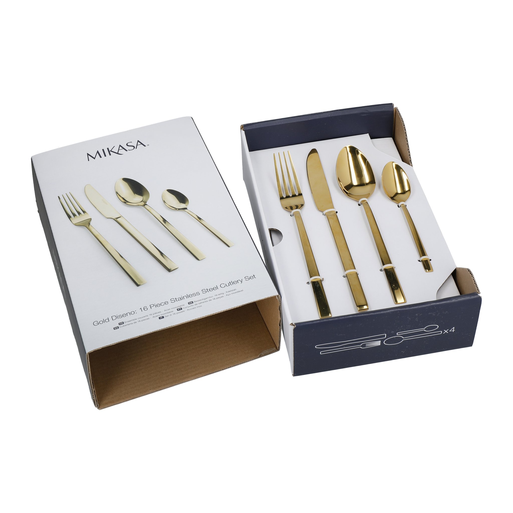 Geöffnete Verpackung des 16-teiligen Besteck-Sets mit dem Goldbesteck im Einsatz
