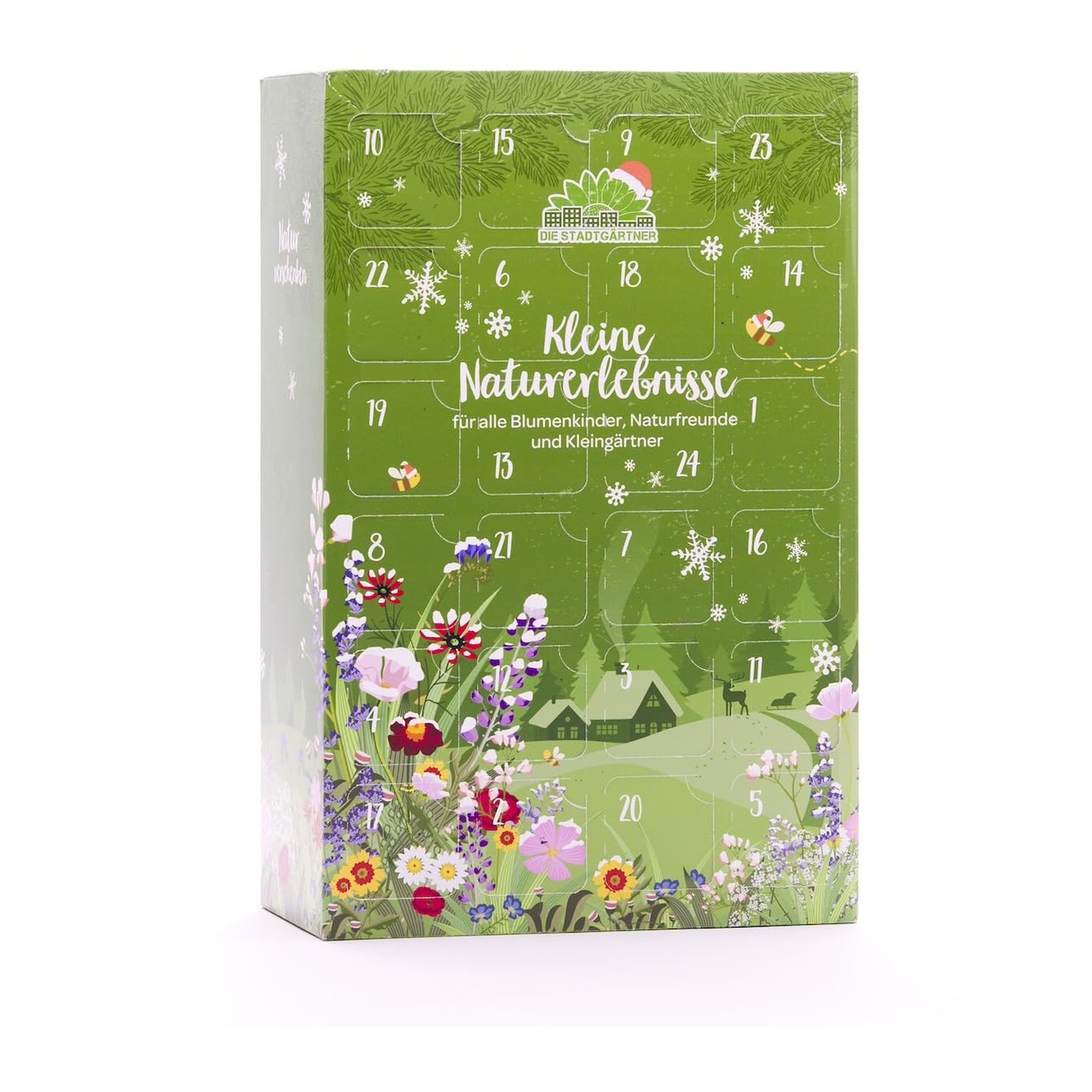 Garten-Adventskalender Kleine Naturerlebnisse von Die Stadtgärtner, grüne Box mit Blumenwiese, schräg von vorn