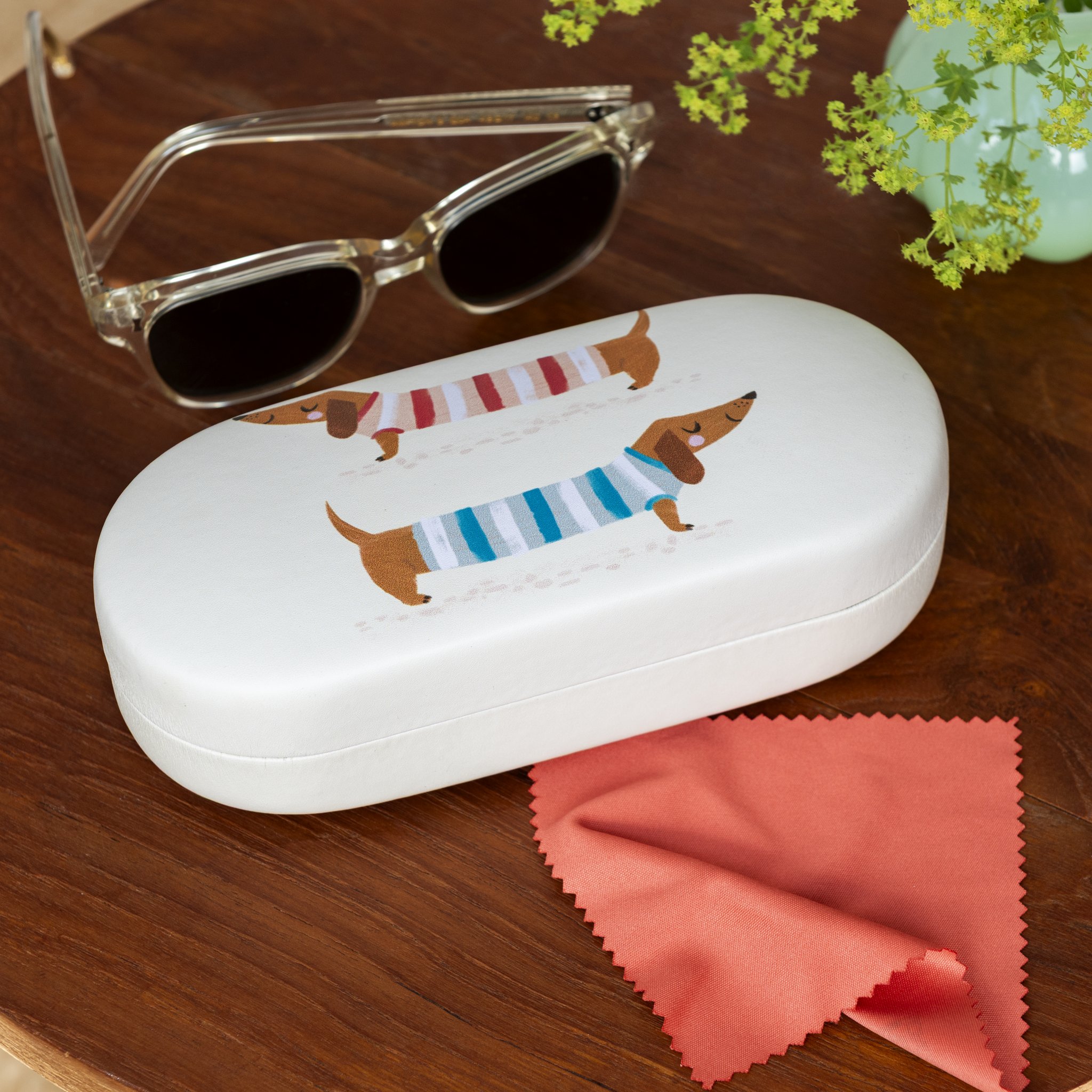 Dackel-Sonnenbrillenetui auf Holztisch mit Sonnenbrille und orangem Putztuch