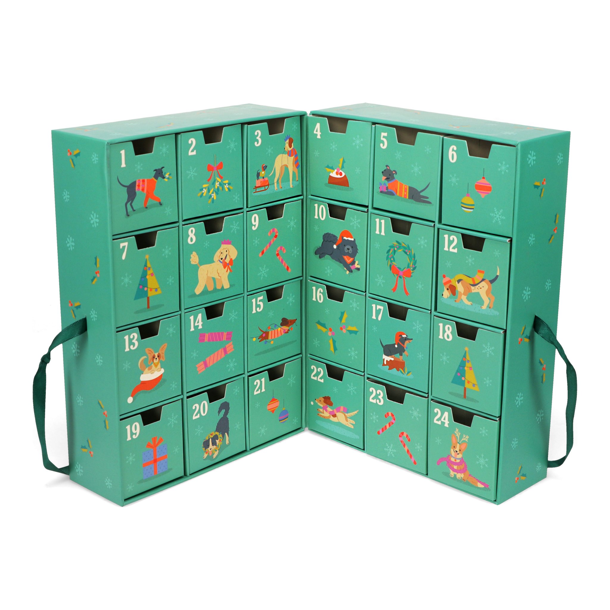 Der aufgeklappte Festive Friends Adventskalender mit den 24 nummerierten Schubladen, freigestellt