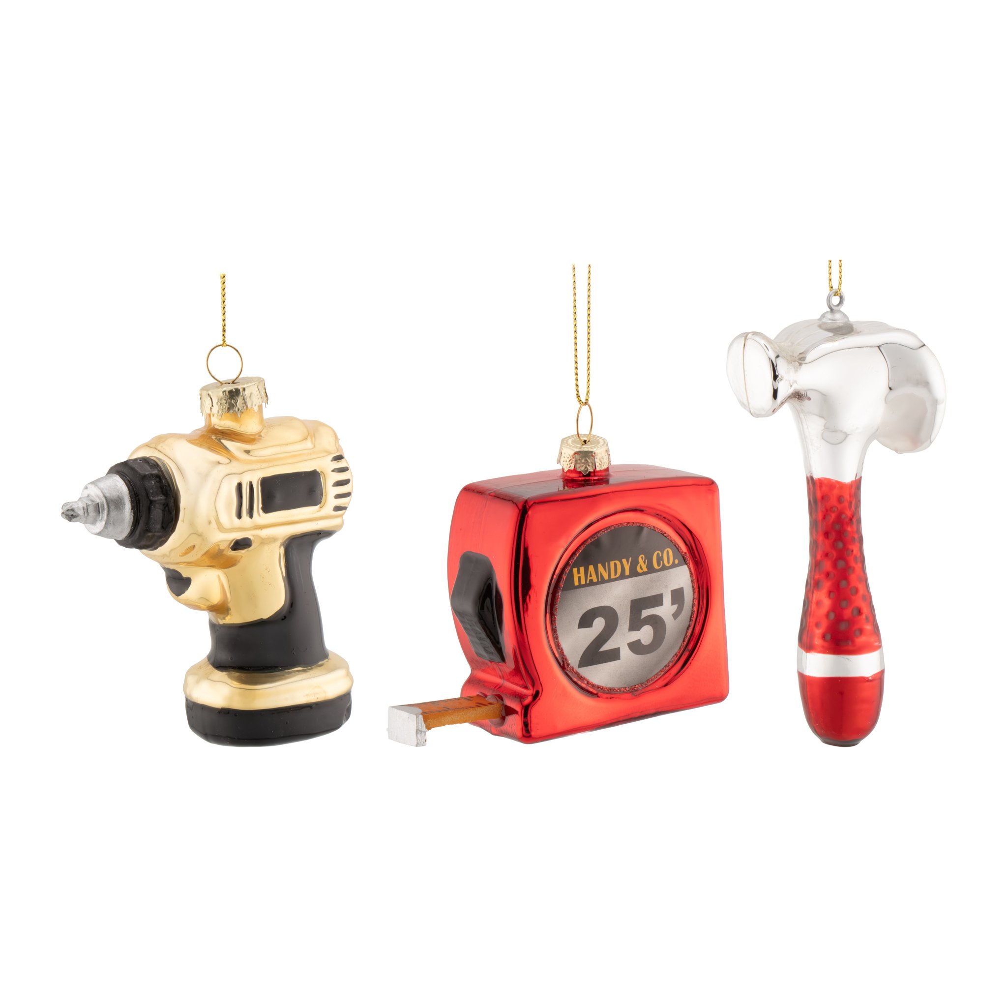 Glass tool set: cordless drill, tape measure and hammer as tree decorations