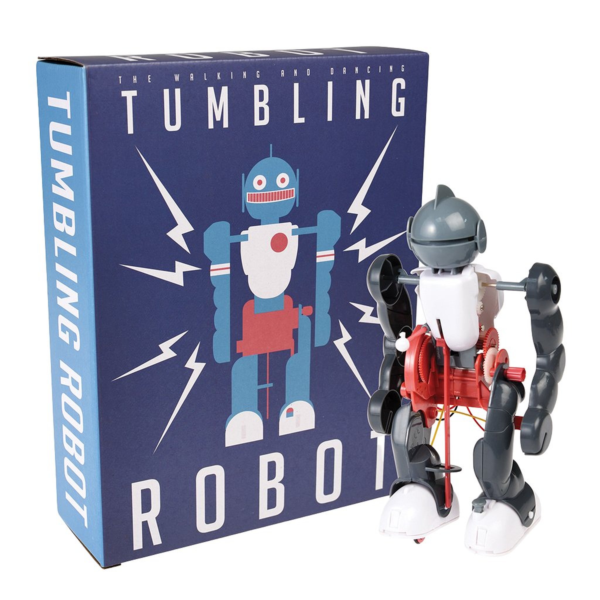 Kit robot : robot terminé à côté de la boîte « Tumbling Robot »