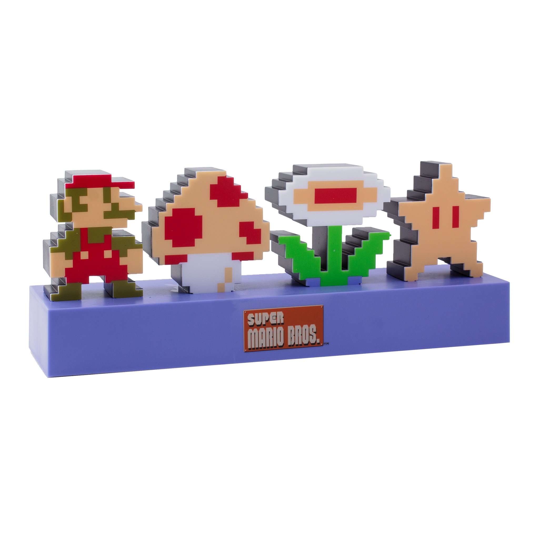 Lampe freigestellt, eingeschaltet mit vier Pixel-Figuren