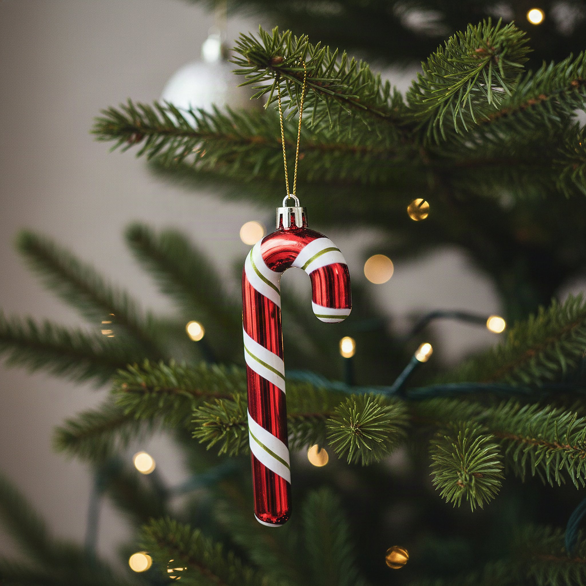 Sucre d'orge rouge et blanc à suspendre au sapin de Noël devant des guirlandes lumineuses
