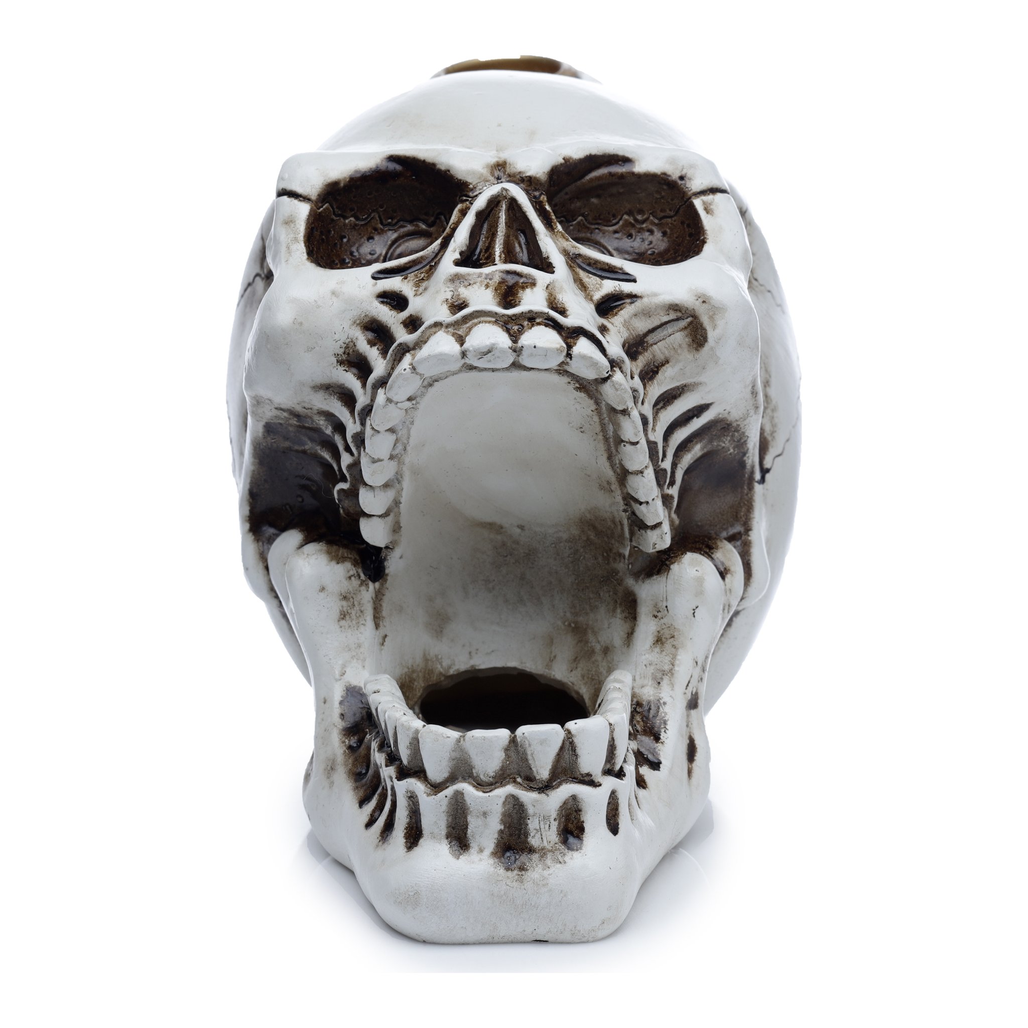 Skull incense holder head-on with open jaw