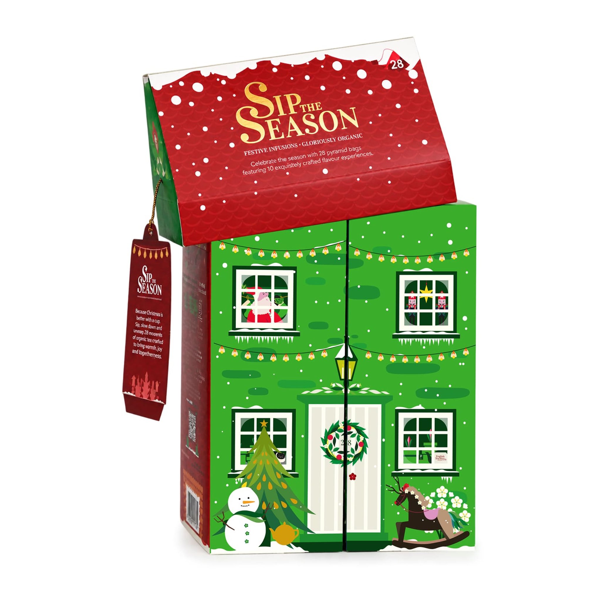 Coffret de thé en forme de maison au toit soulevé, avec la façade verte en dessous
