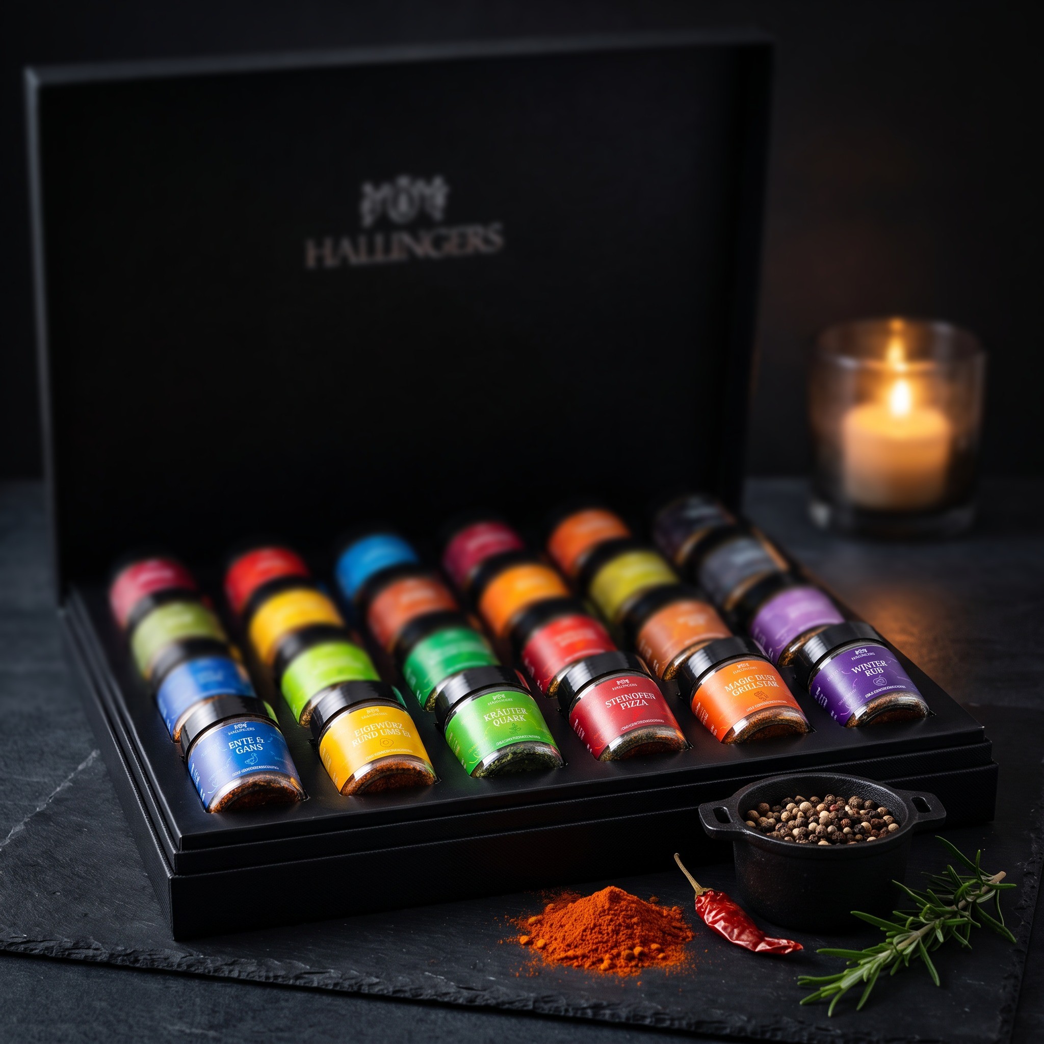 Geöffneter Gewürz-Adventskalender Magische Reise mit 24 Gewürzgläsern, davor Pfeffer, Paprika und Chili