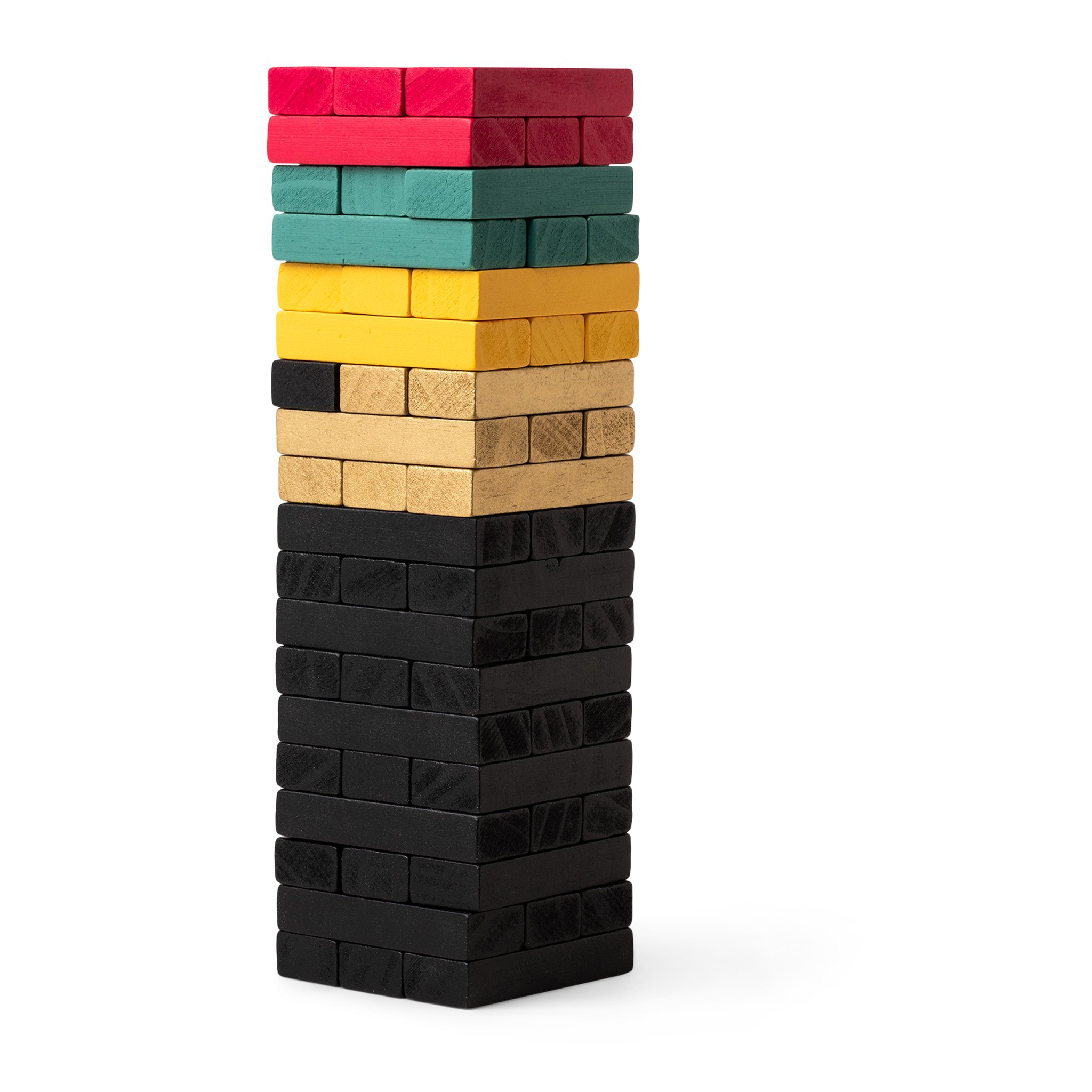 Stapelturm-Spiel: Turm aus schwarzen Holzbausteinen, oben Gold, Gelb, Türkis und Rot, vor weissem Hintergrund
