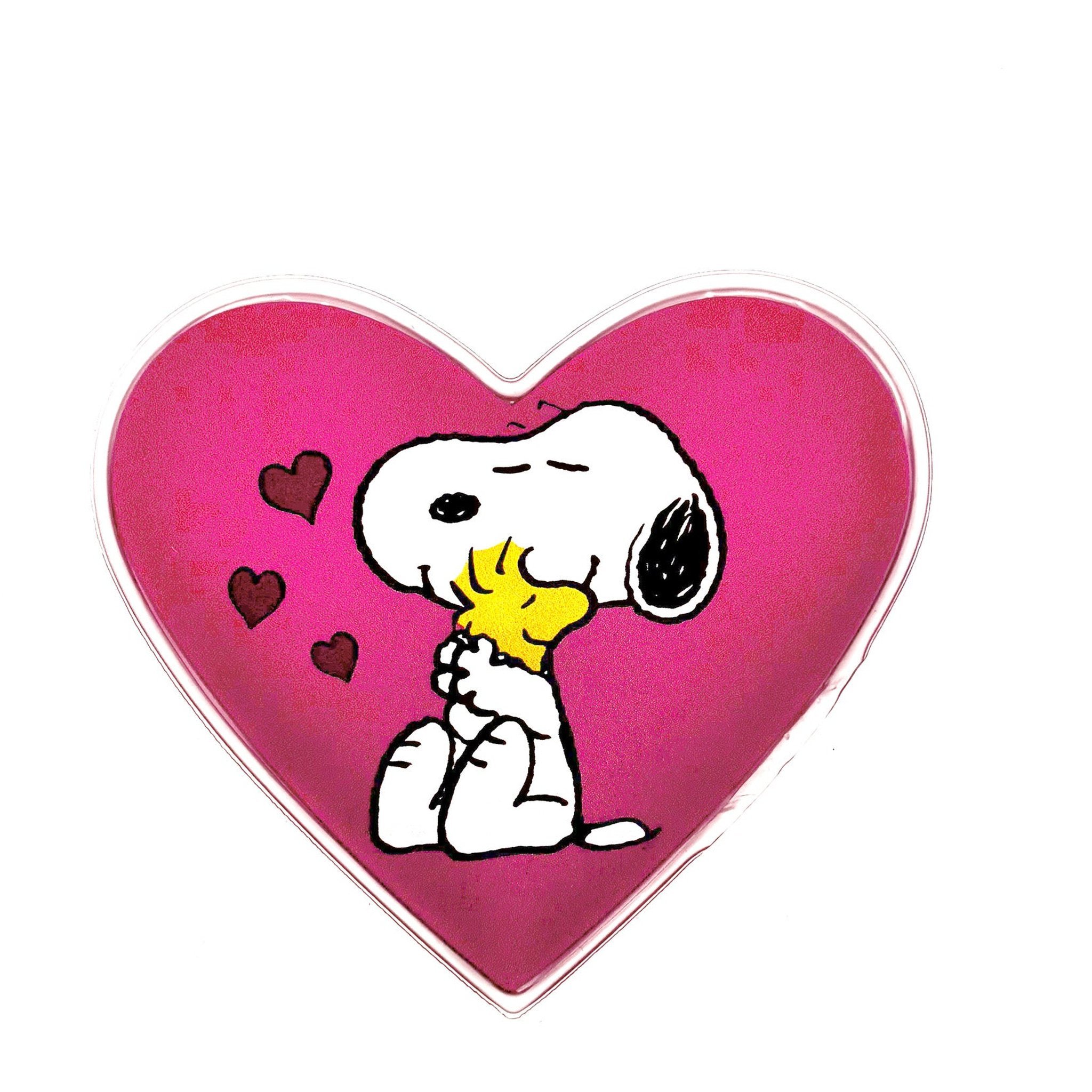 Herz-Handwärmer mit Snoopy, der Woodstock umarmt, auf weissem Hintergrund