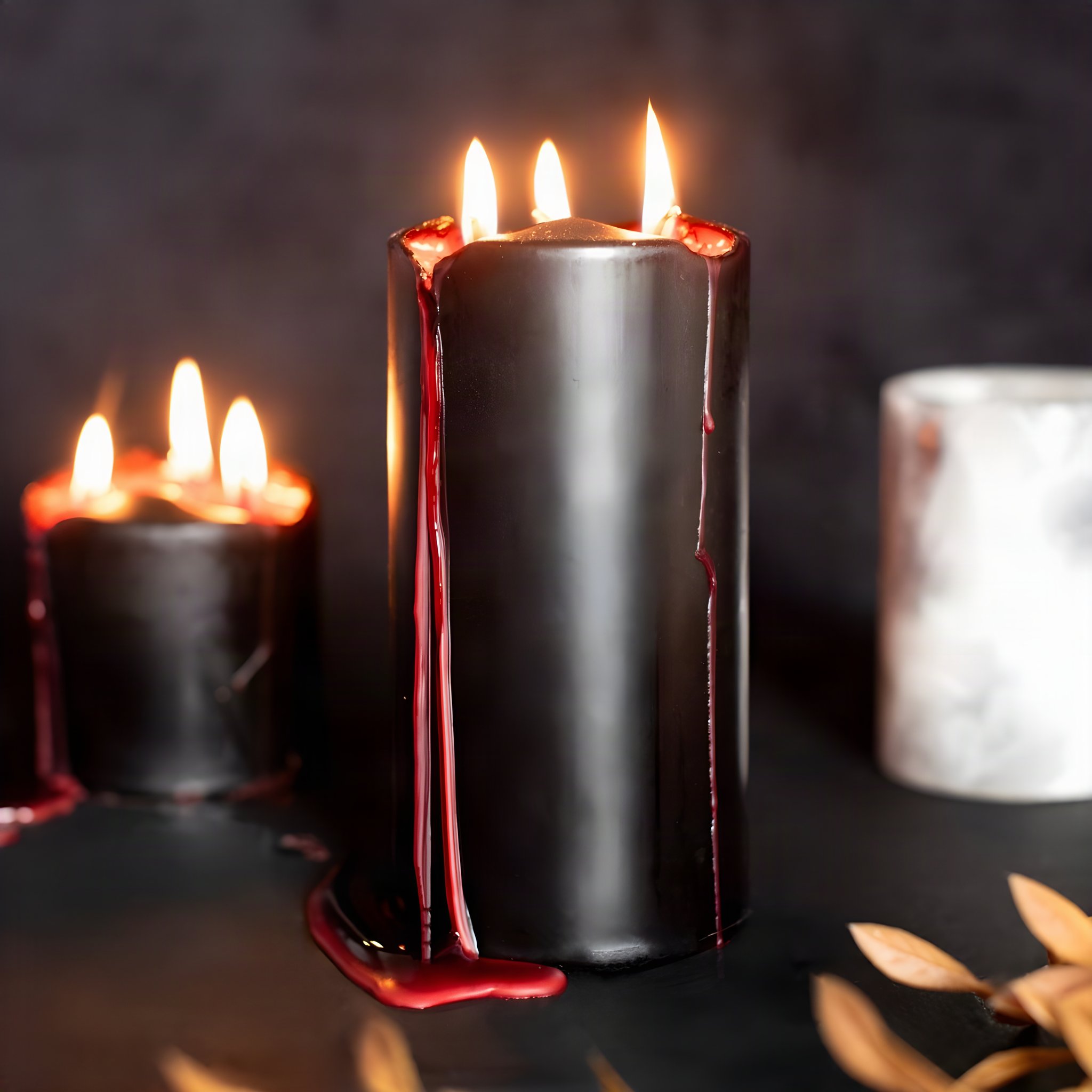 Lit vampire blood pillar candle with red wax trails next to smaller candles against a dark background
