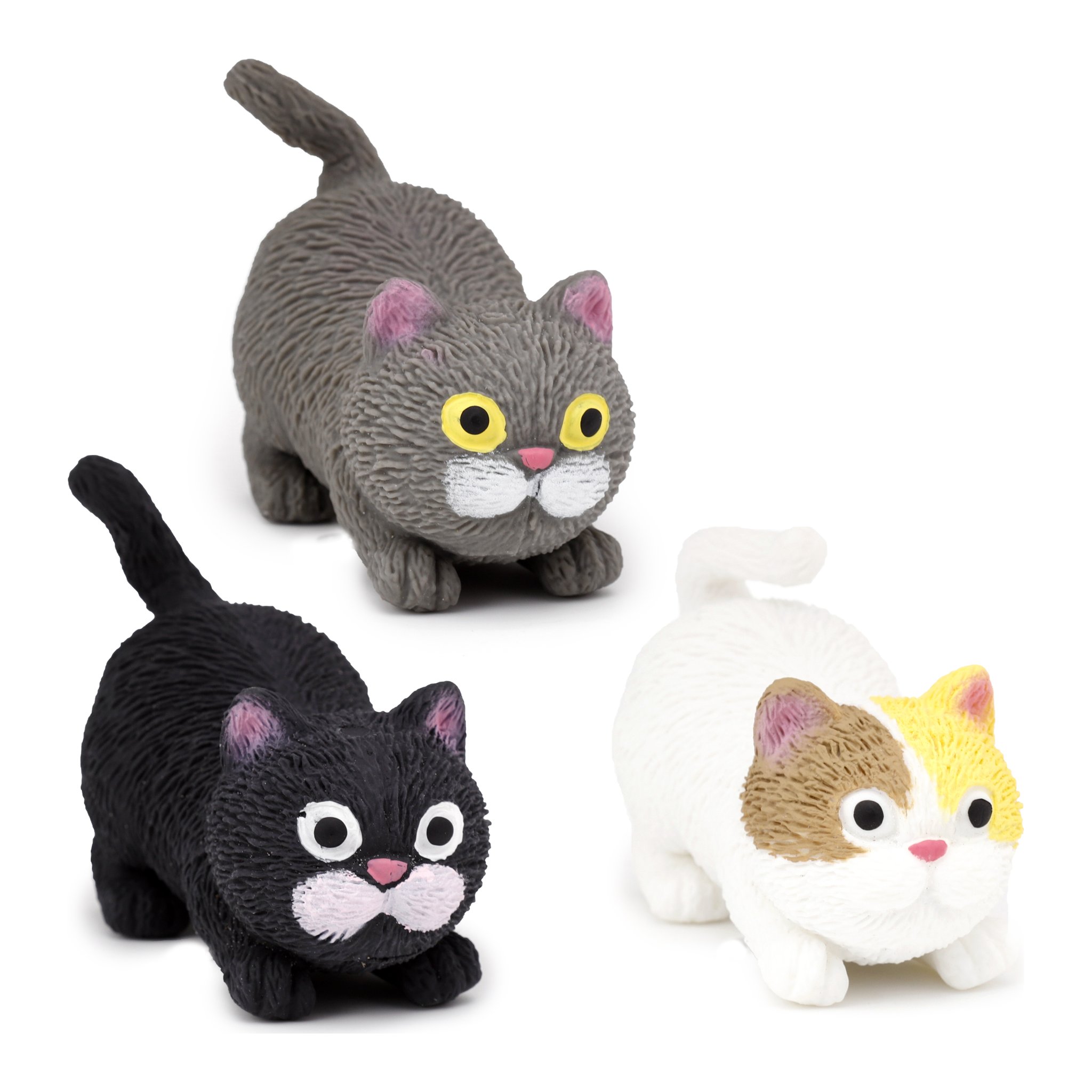 Three stretchy stress cats in grey, black and white-brown