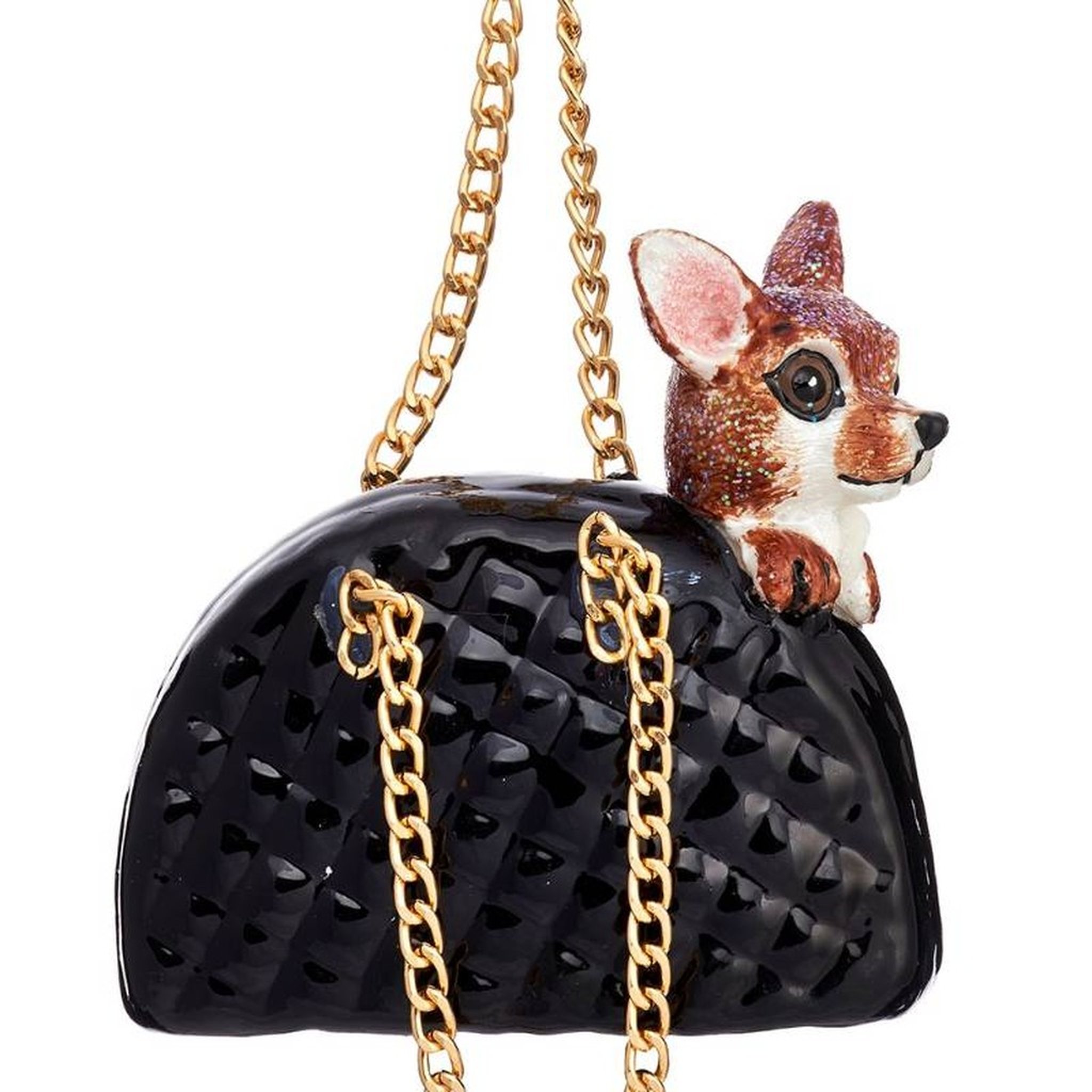 Décoration de sapin chihuahua dans son sac Sass & Belle, chihuahua en verre dans un sac noir à chaîne dorée, détourée