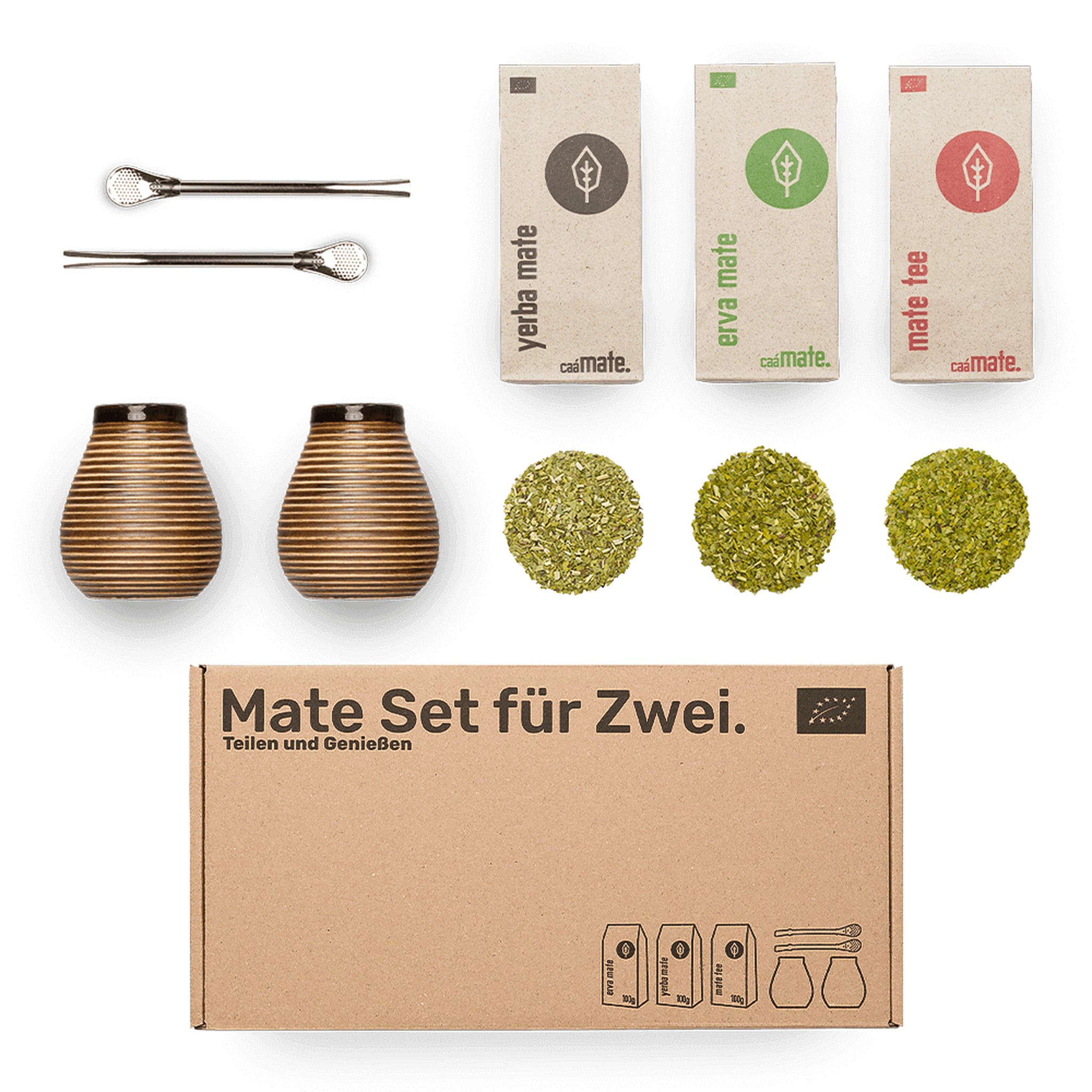 Caámate Mate Set for Two – 2 ceramic cups, 2 stainless steel bombillas, 3 organic mate varieties and gift box